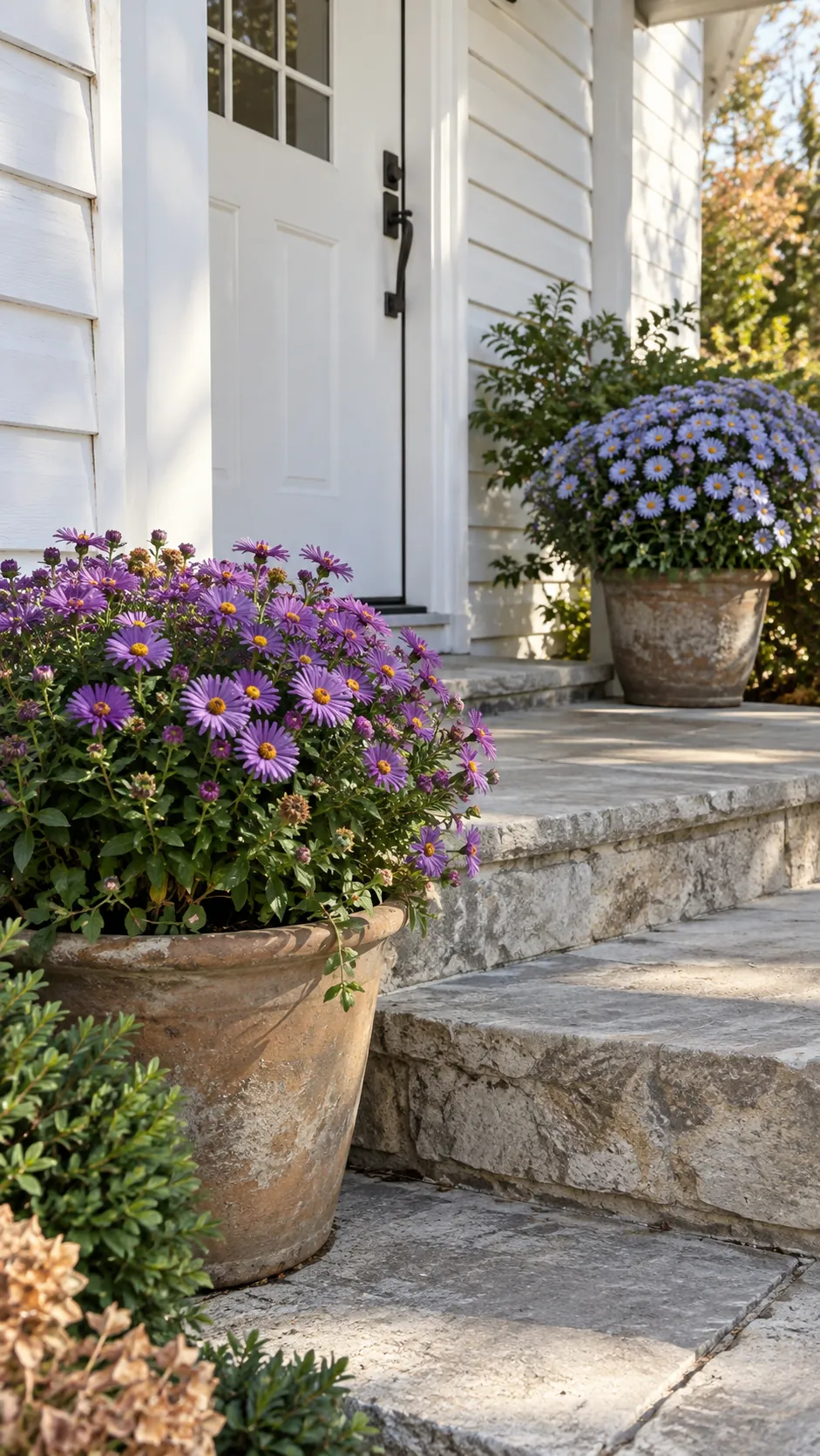 Fall front porch without pumpkins featuring aster pots beside the steps