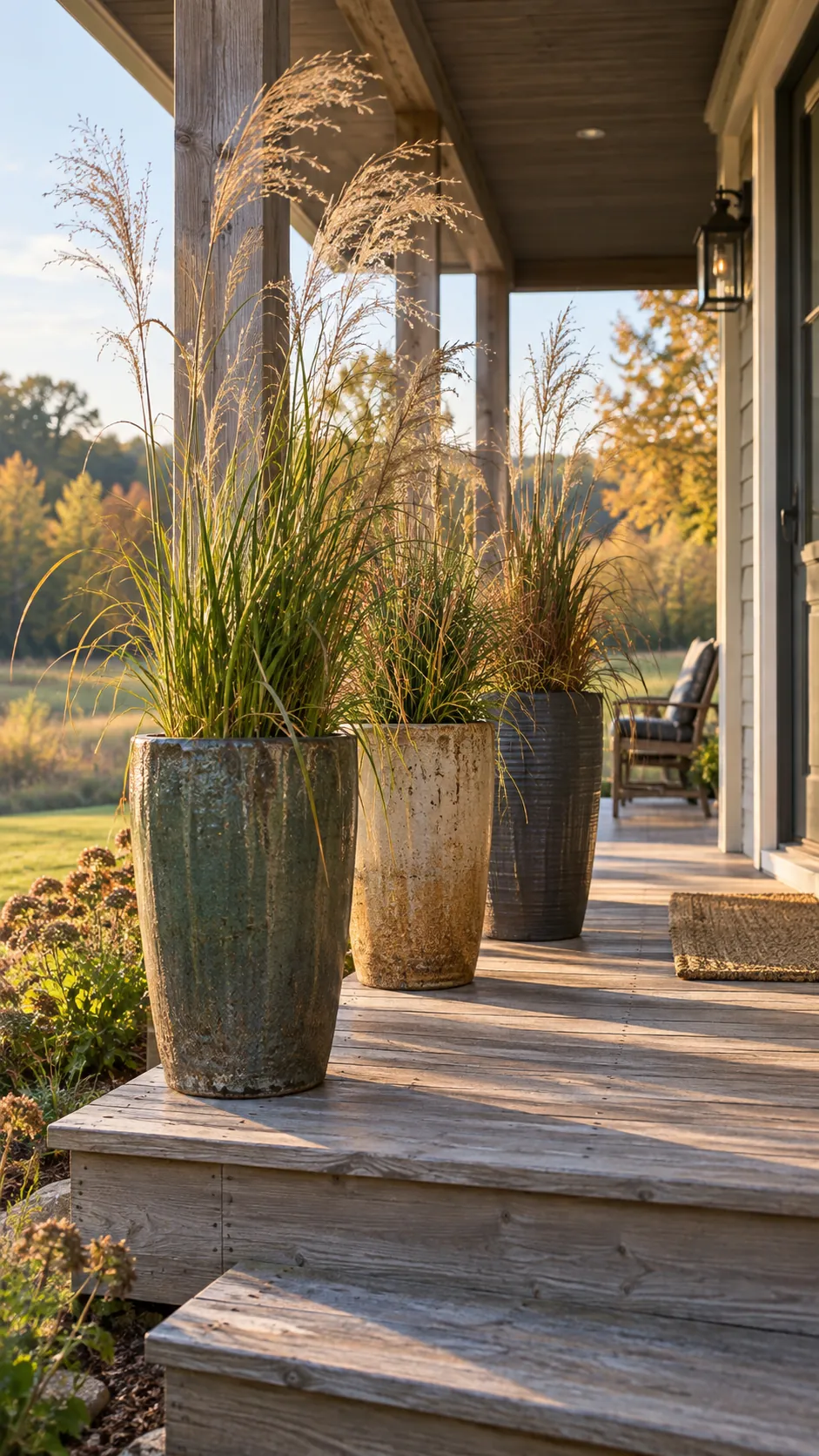 Fall front porch without pumpkins featuring ornamental grass in tall planters