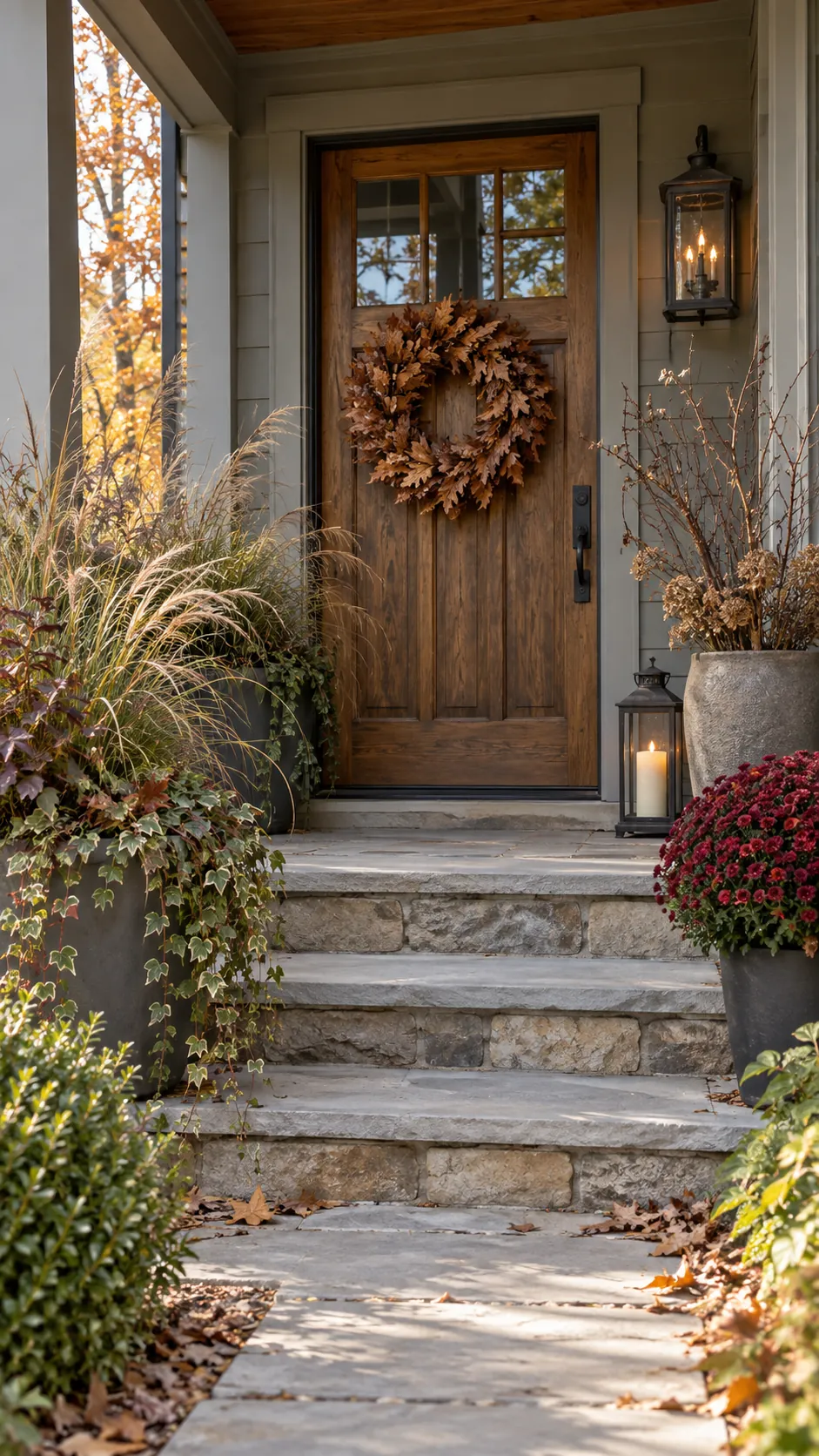 Autumn front porch with foliage and flowers but no pumpkins