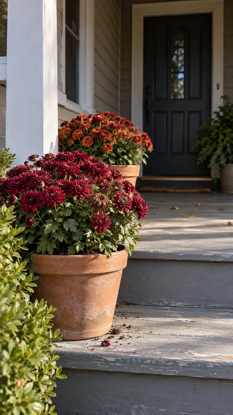 Fall front porch without pumpkins featuring burgundy mums in clay pots