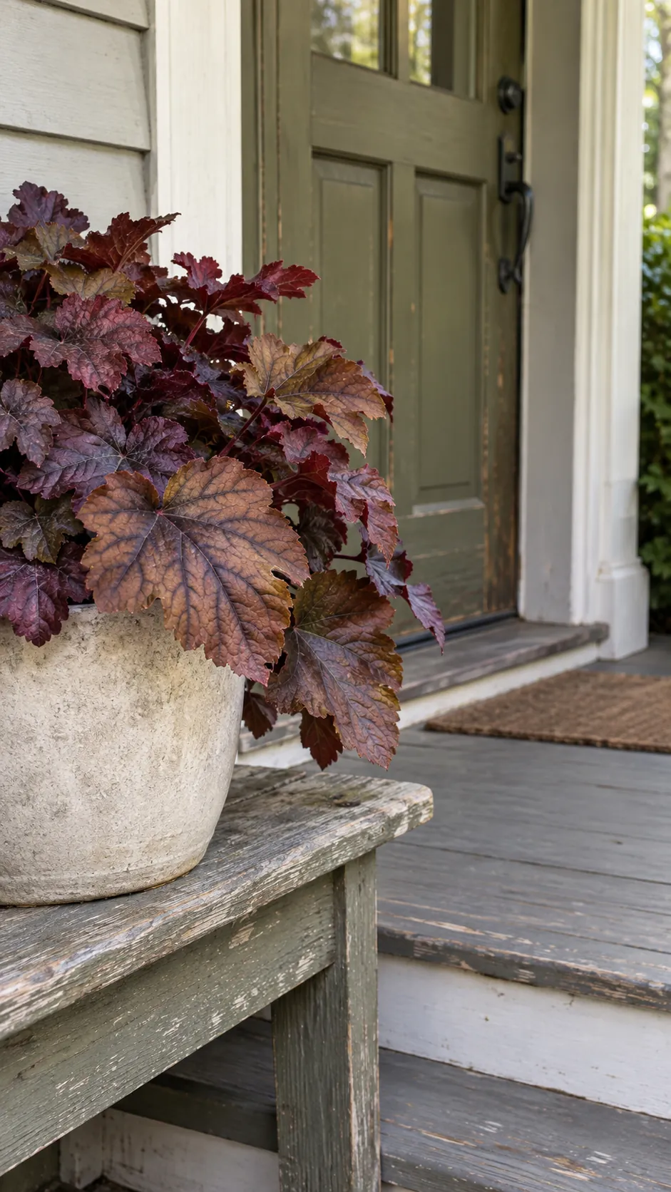 Fall front porch without pumpkins featuring heuchera for leaf color
