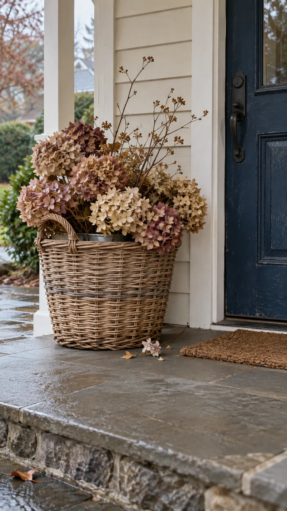 Fall front porch without pumpkins featuring a basket of dried hydrangeas