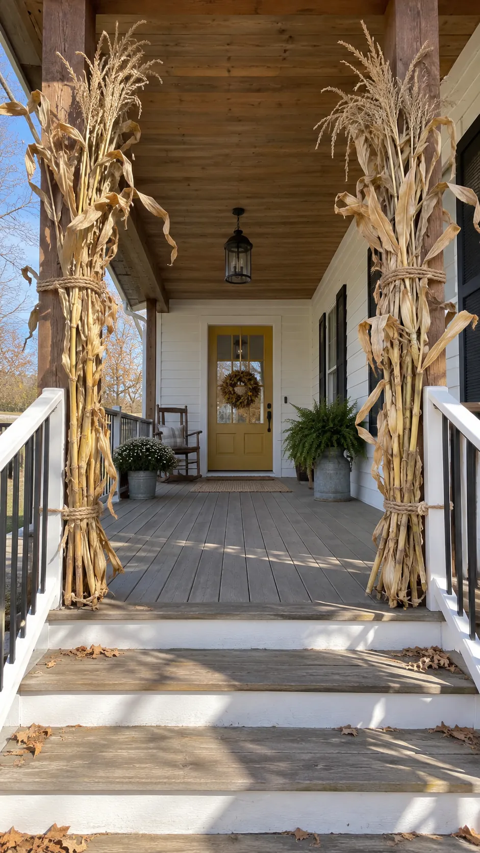 Fall front porch without pumpkins featuring cornstalks tied to porch posts
