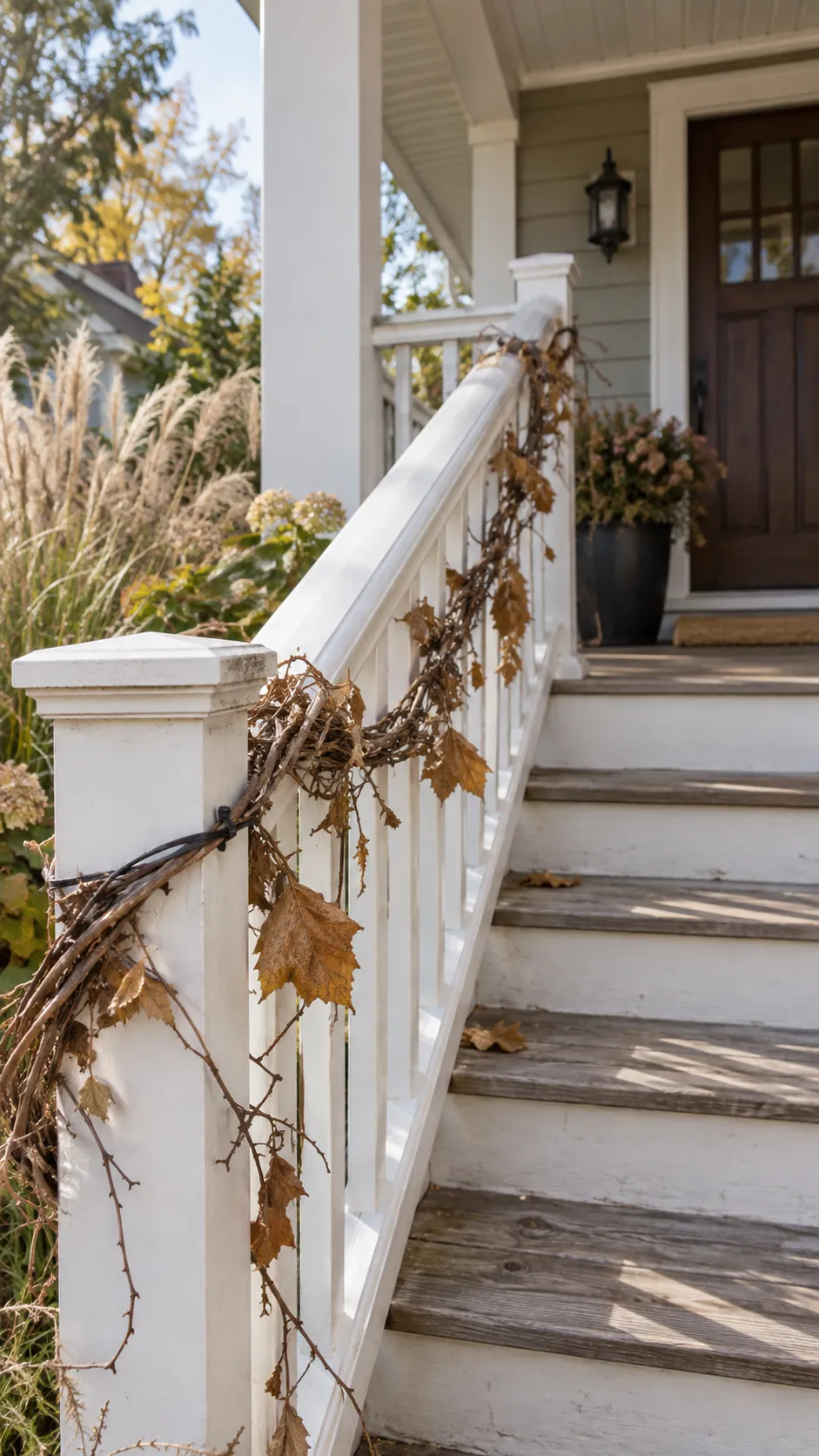 Fall front porch without pumpkins featuring grapevine along the railing