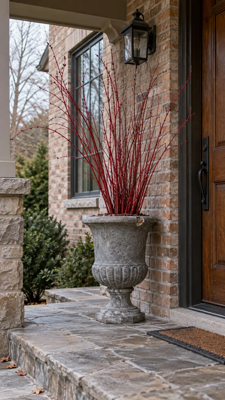 Fall front porch without pumpkins featuring red twig branches in an urn