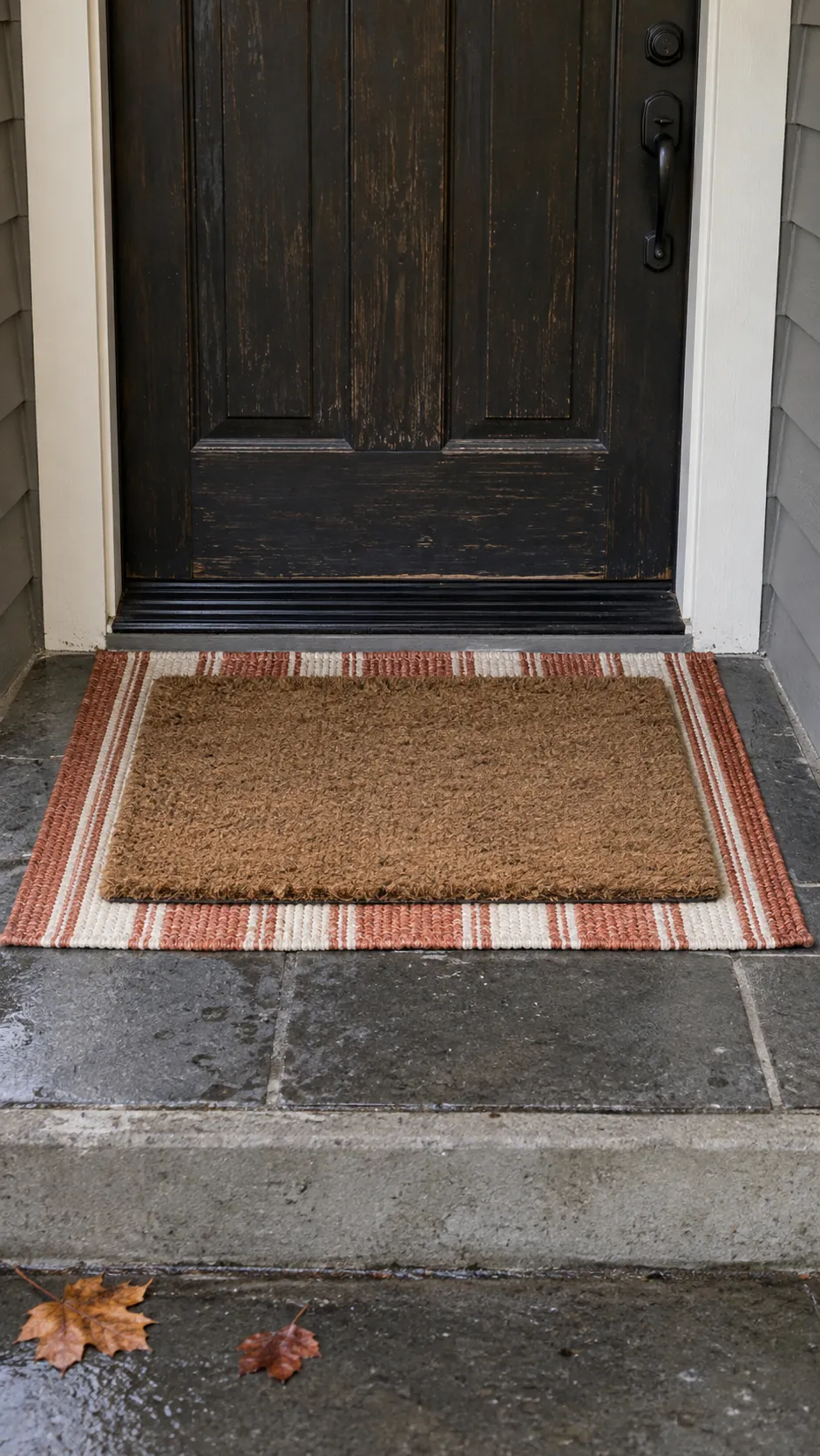 Fall front porch without pumpkins featuring a layered autumn doormat