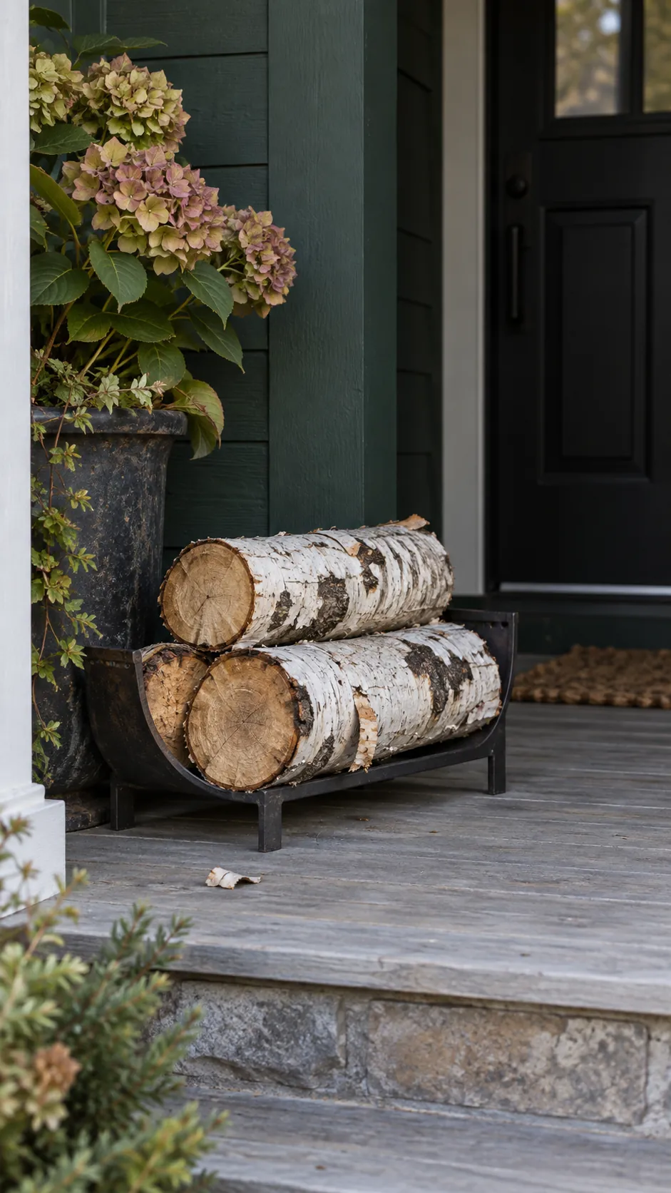 Fall front porch without pumpkins featuring birch logs in a stable nook