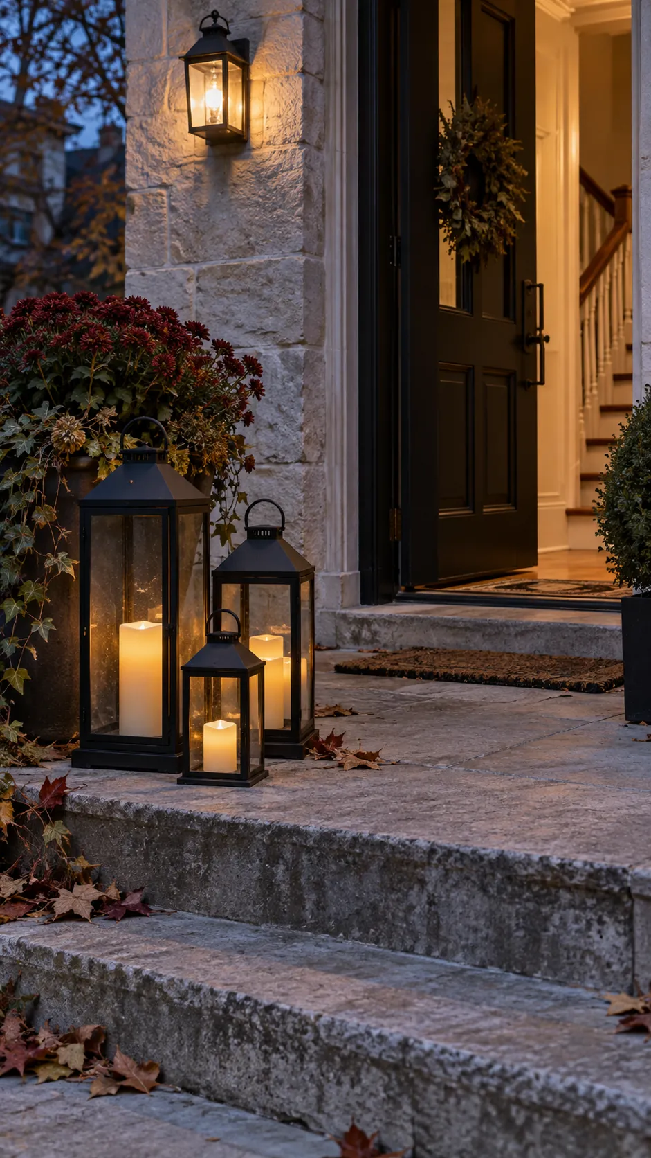 Fall front porch without pumpkins featuring lanterns with safe evening light