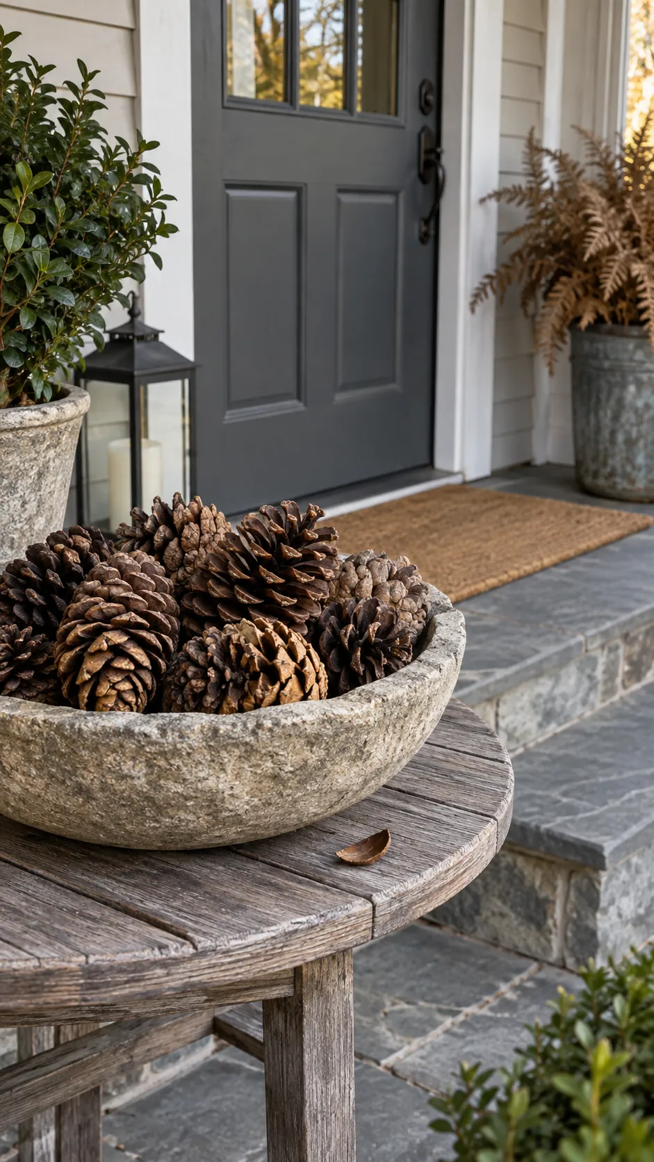 Fall front porch without pumpkins featuring pinecones in a stone bowl