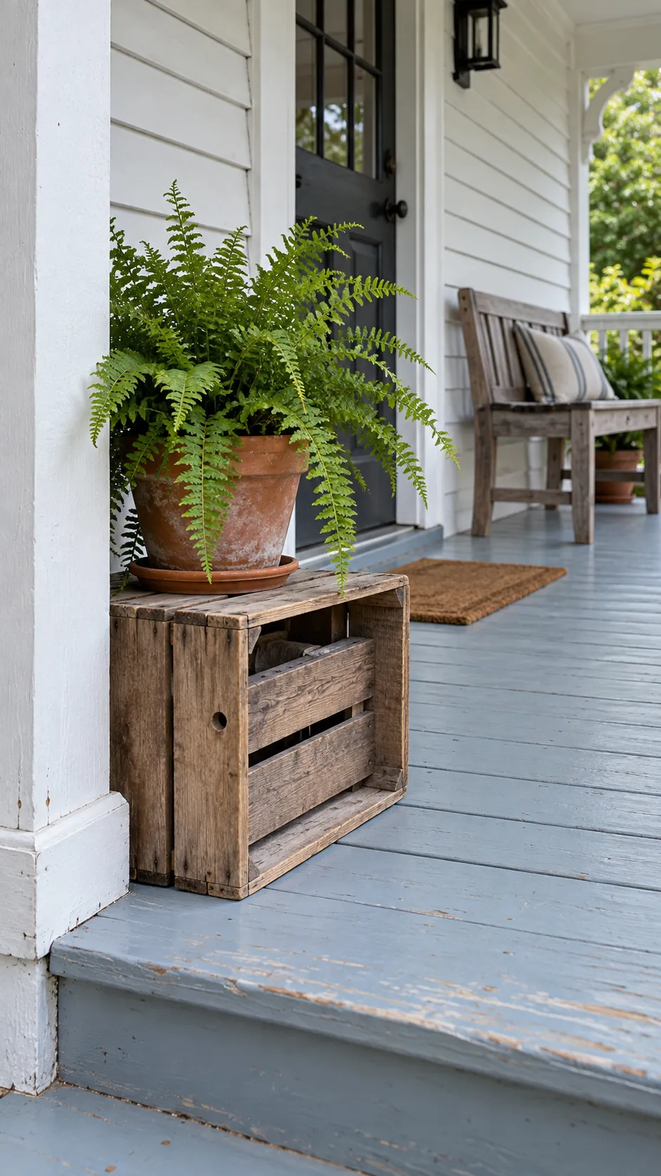 Fall front porch without pumpkins featuring a weathered crate as a plant stand