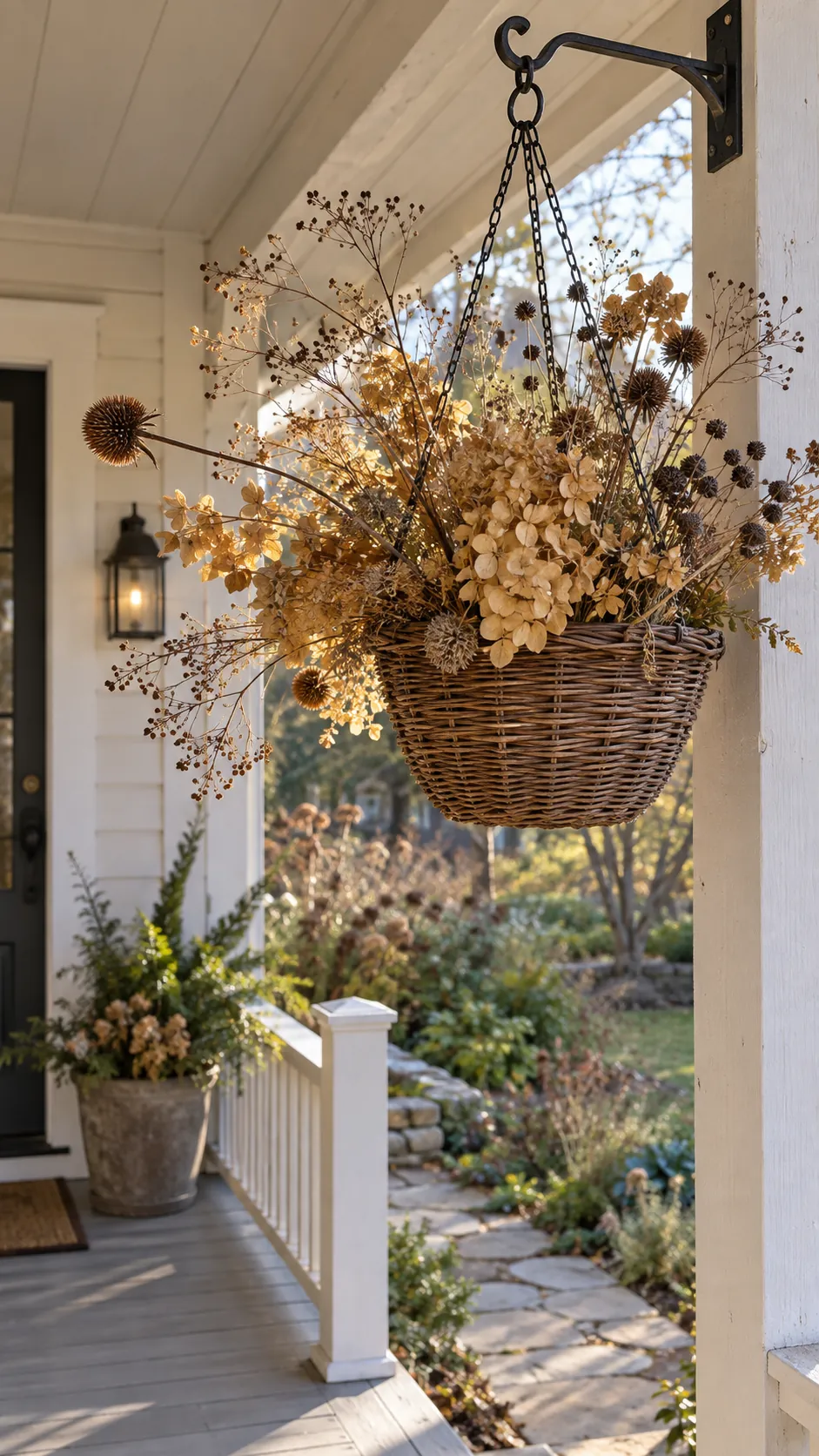 Fall front porch without pumpkins featuring golden seed heads in a hanging basket