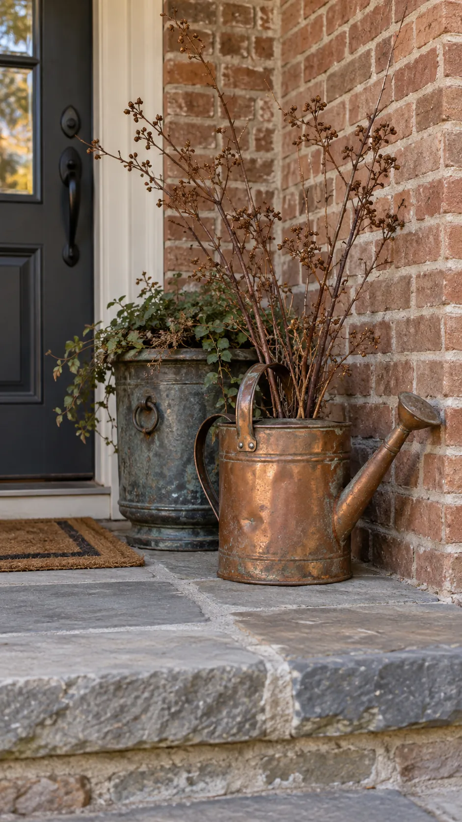 Fall front porch without pumpkins featuring copper watering can with branches