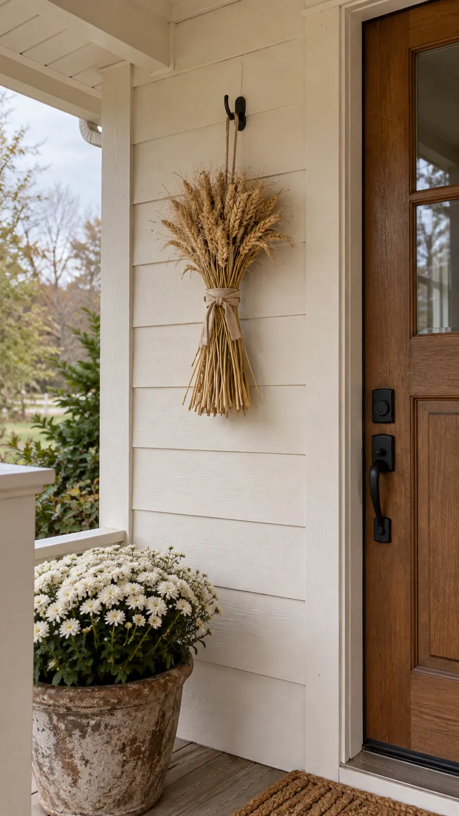 Fall front porch without pumpkins featuring wheat sheaves on the wall