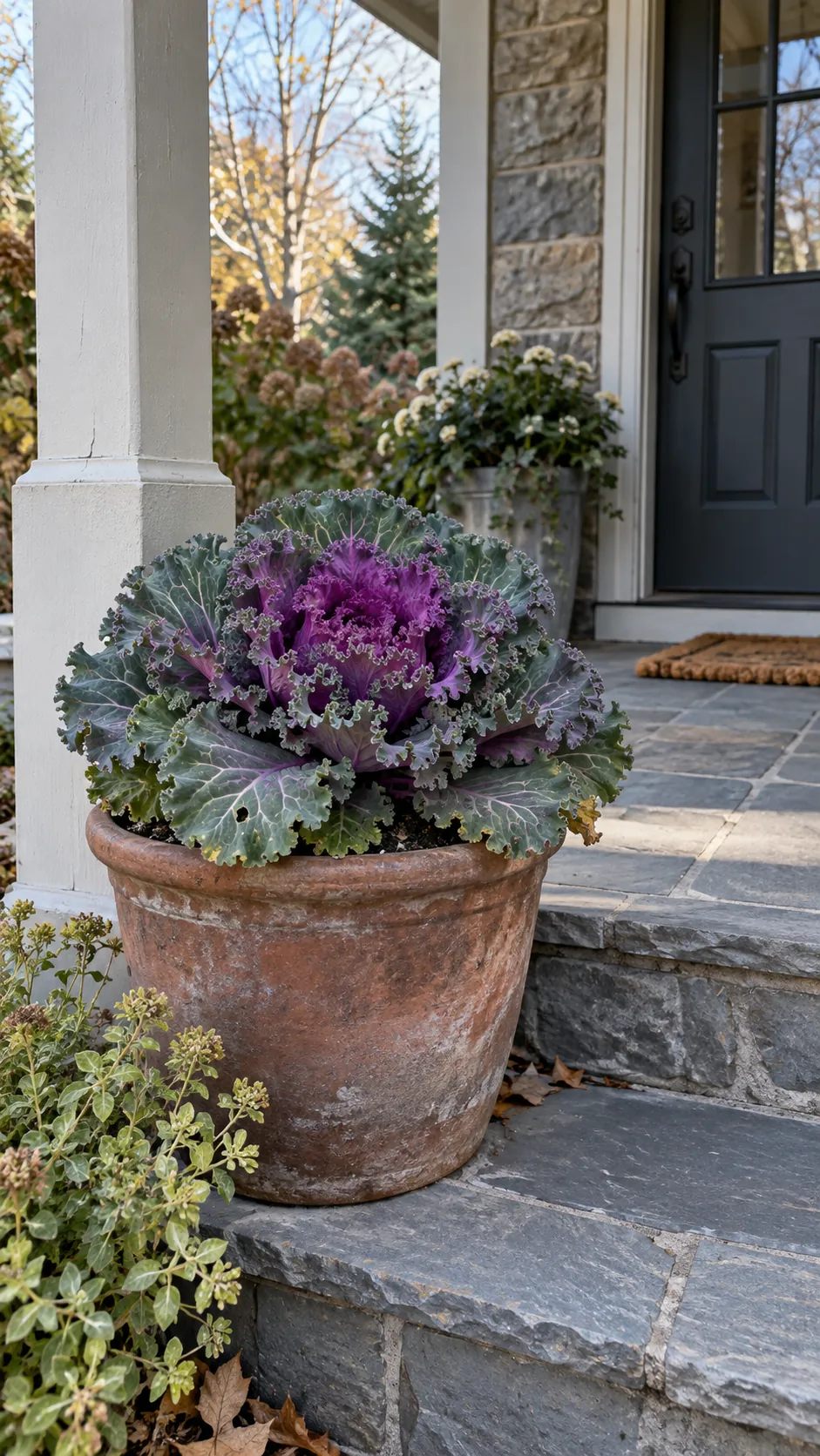 Fall front porch without pumpkins featuring ornamental kale in cool weather pots