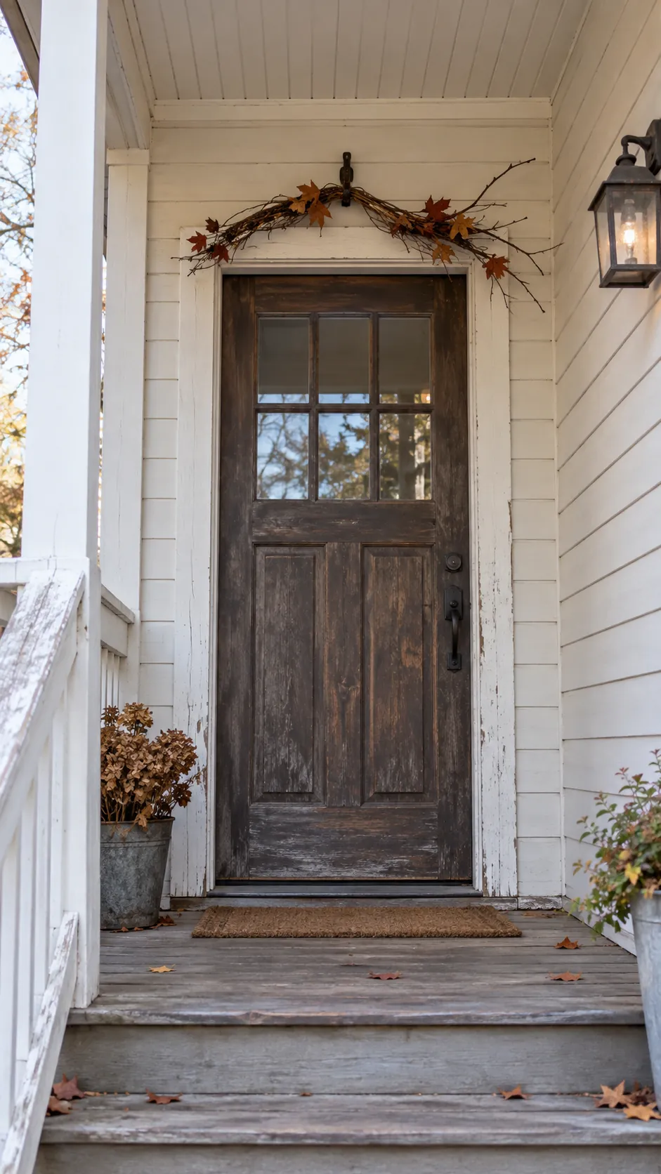 Fall front porch without pumpkins featuring a simple twig swag above the door