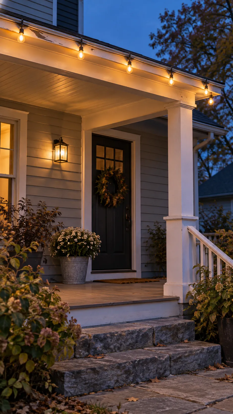 Fall front porch without pumpkins featuring warm lights along the roof edge