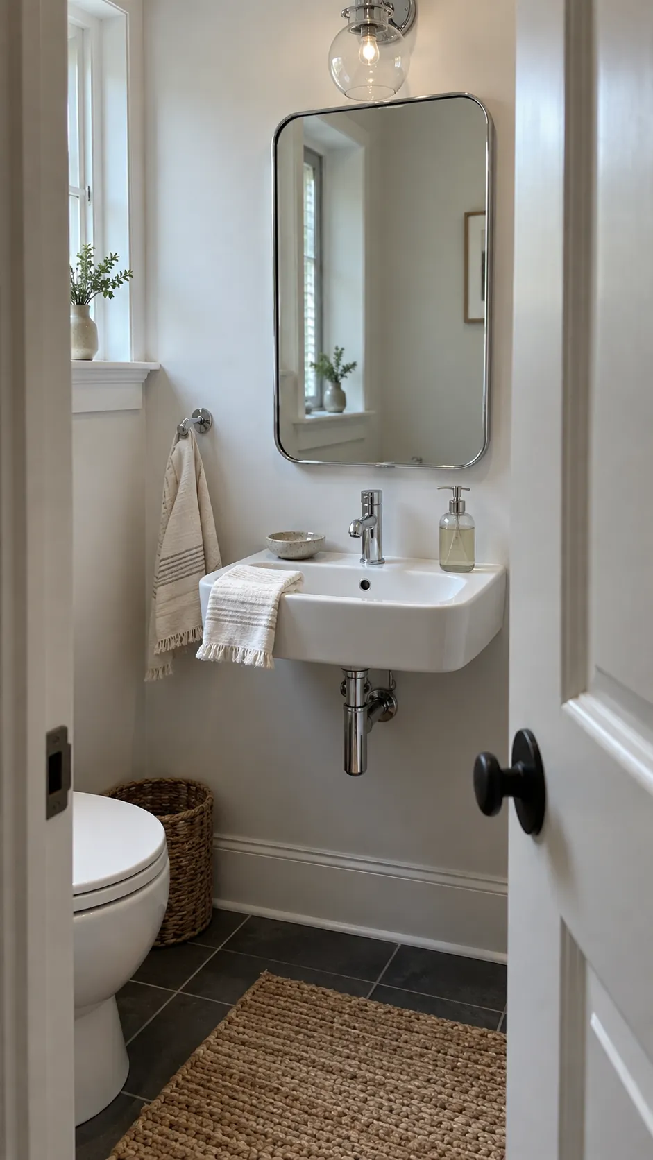 a slim chrome framed mirror coordinating with chrome fixtures in a powder room