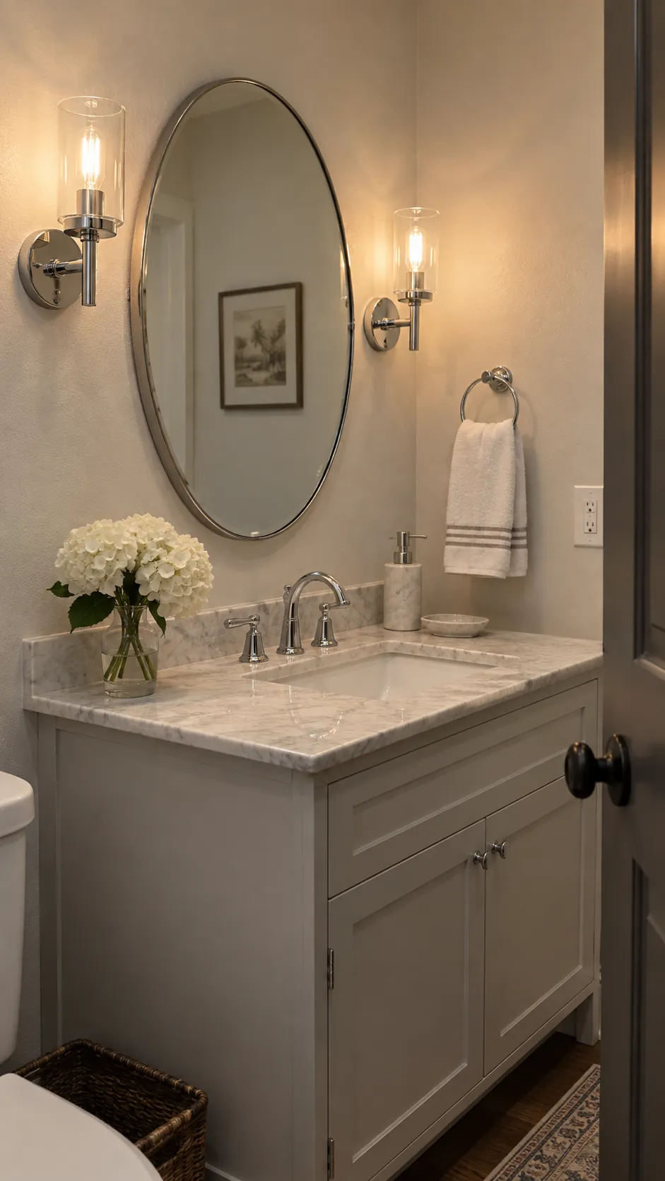 clear glass sconce shades coordinating with chrome fixtures in a powder room