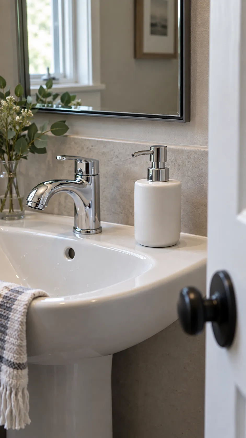 a ceramic soap dispenser with a chrome pump coordinating with chrome fixtures in a powder room