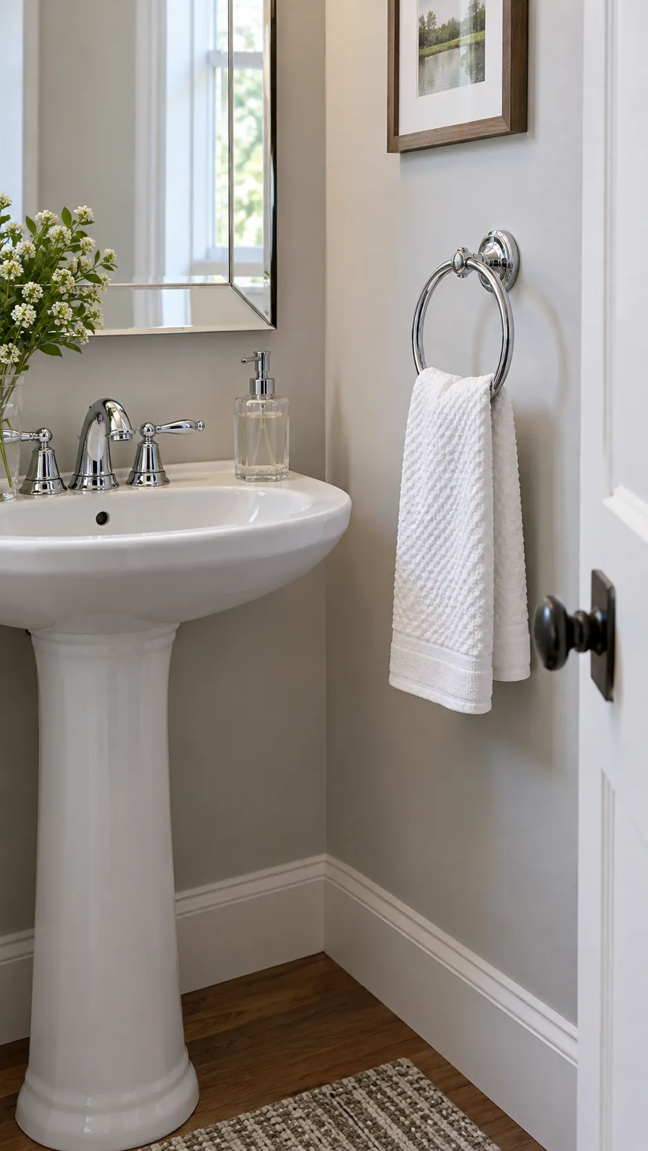 a chrome hand towel ring coordinating with chrome fixtures in a powder room