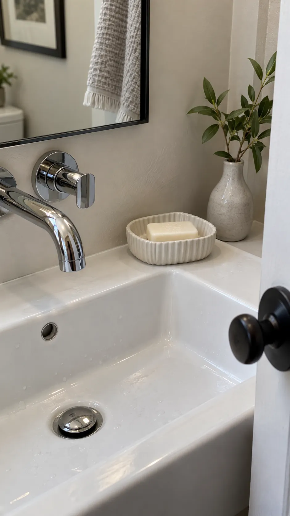 a low soap dish coordinating with chrome fixtures in a powder room