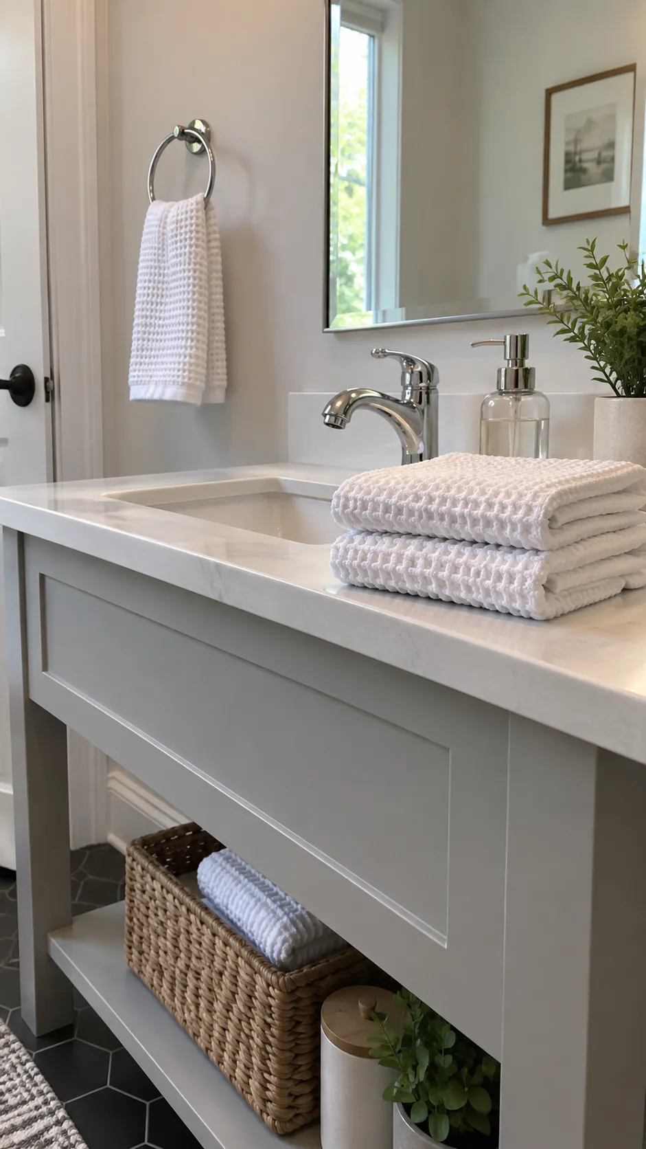 textured white guest towels coordinating with chrome fixtures in a powder room