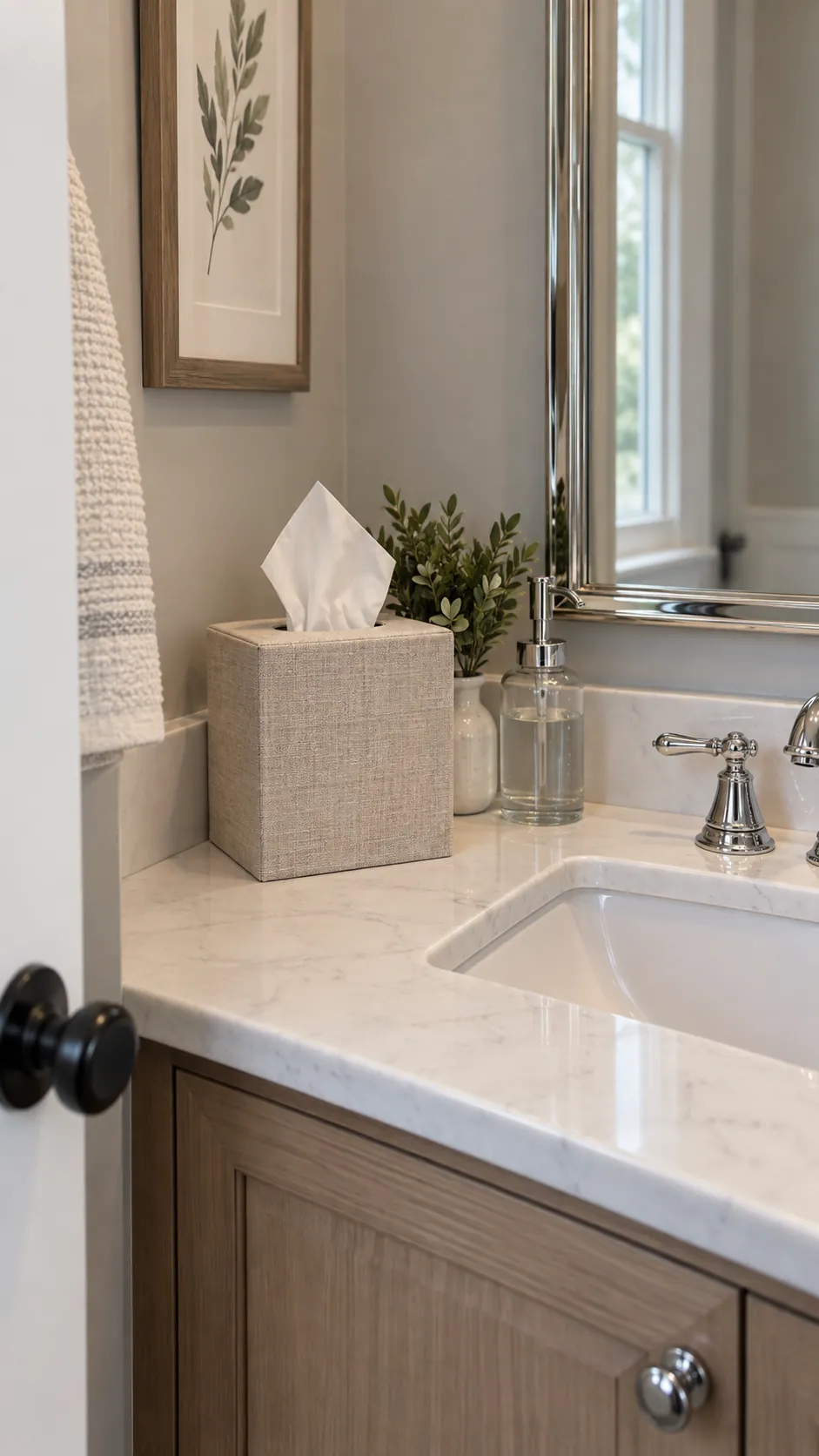a tissue box in a quiet cover coordinating with chrome fixtures in a powder room