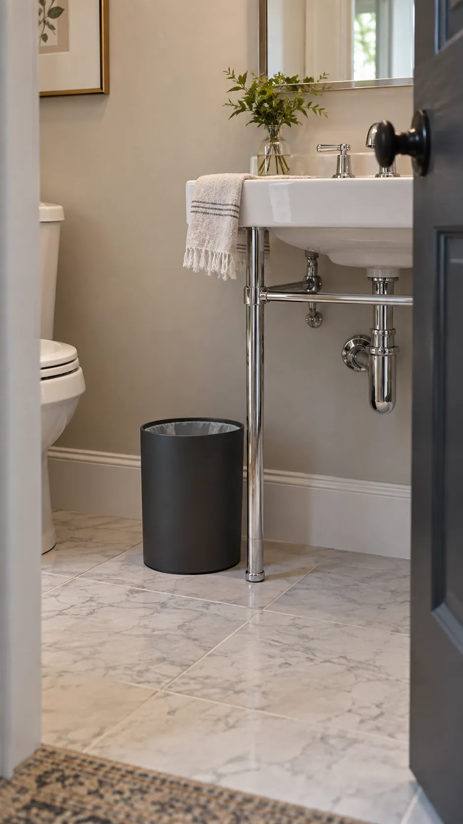 a compact wastebasket coordinating with chrome fixtures in a powder room