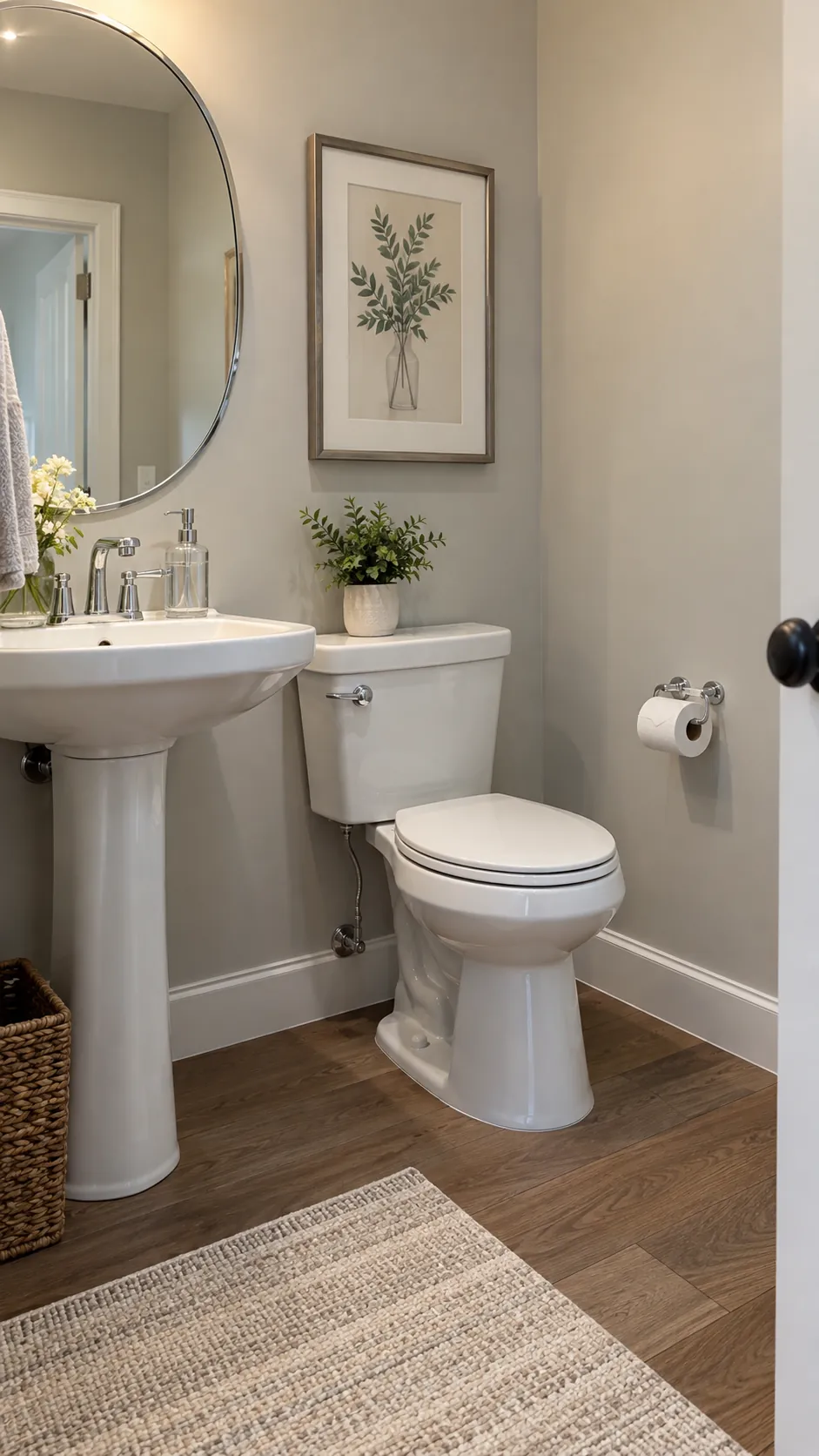 a coordinated toilet paper holder coordinating with chrome fixtures in a powder room
