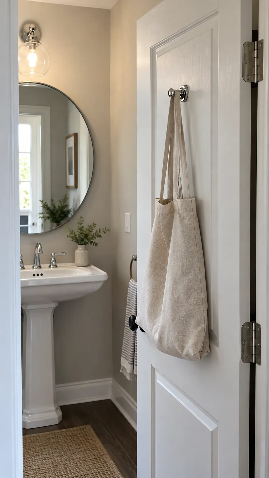 a discreet robe hook coordinating with chrome fixtures in a powder room