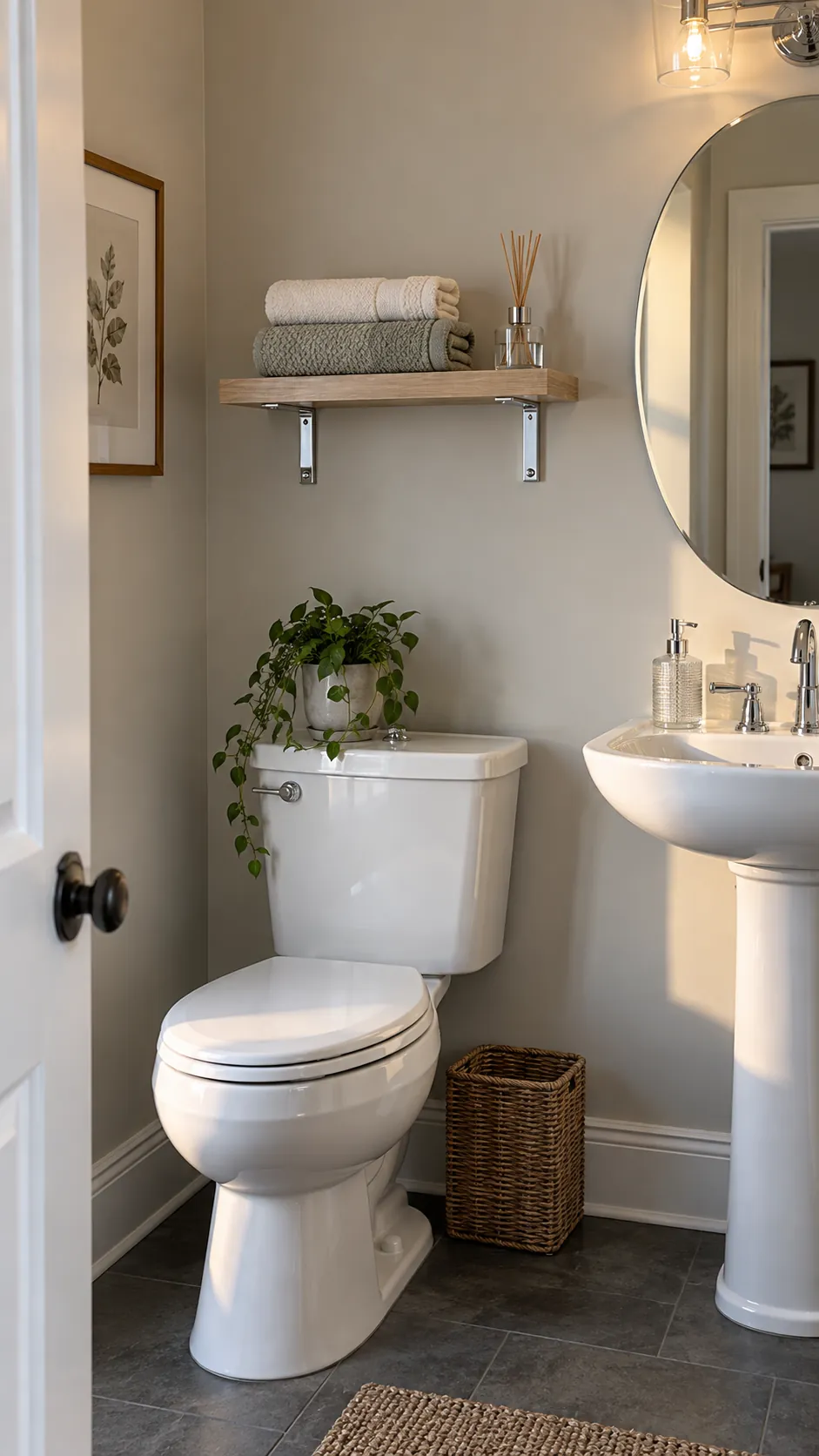 floating shelves with slim metal brackets coordinating with chrome fixtures in a powder room