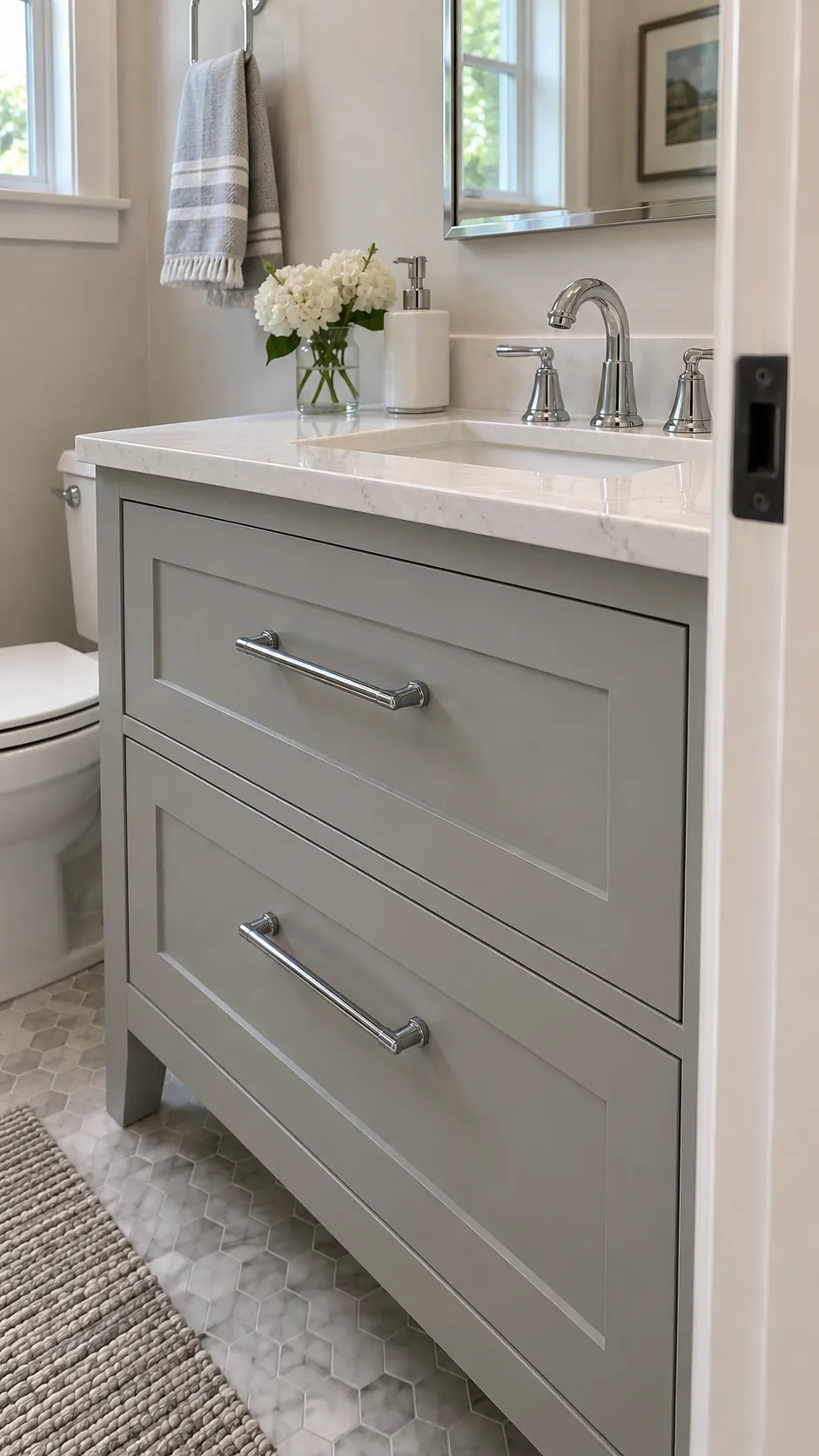 simple vanity drawer pulls coordinating with chrome fixtures in a powder room