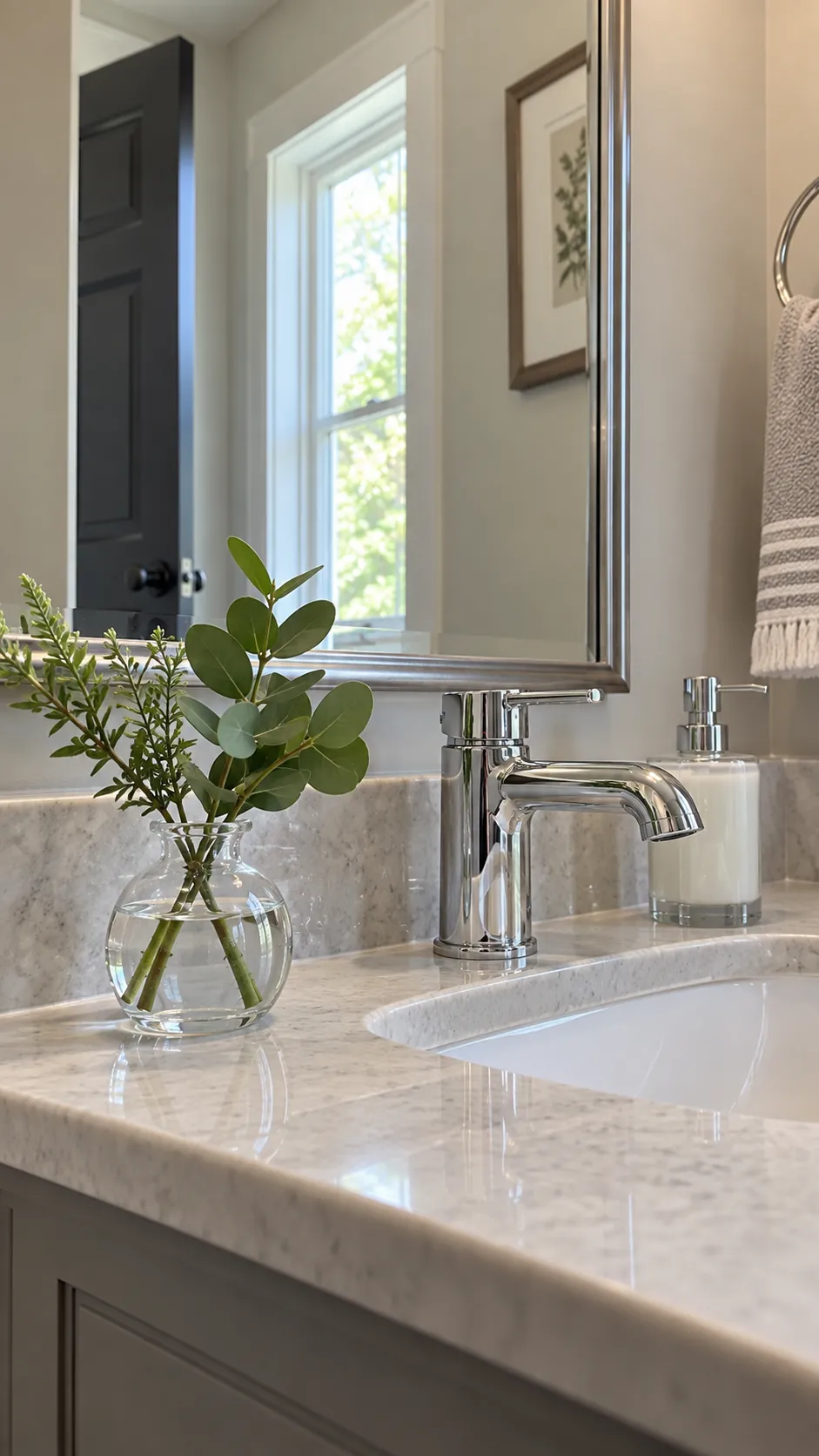 a small clear vase coordinating with chrome fixtures in a powder room