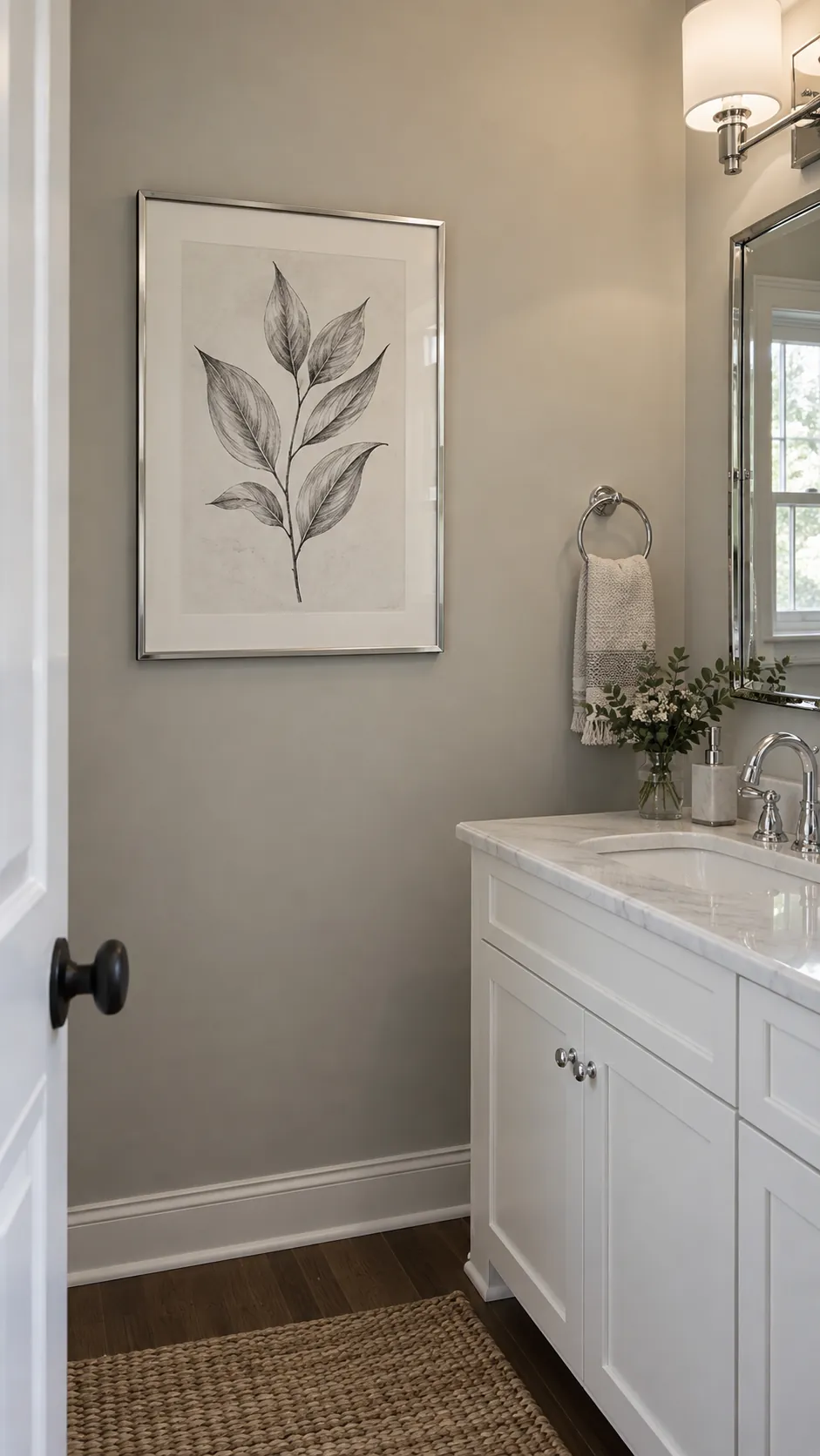 thin framed art coordinating with chrome fixtures in a powder room
