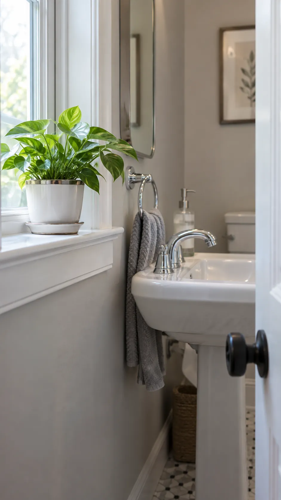 a glazed plant pot coordinating with chrome fixtures in a powder room