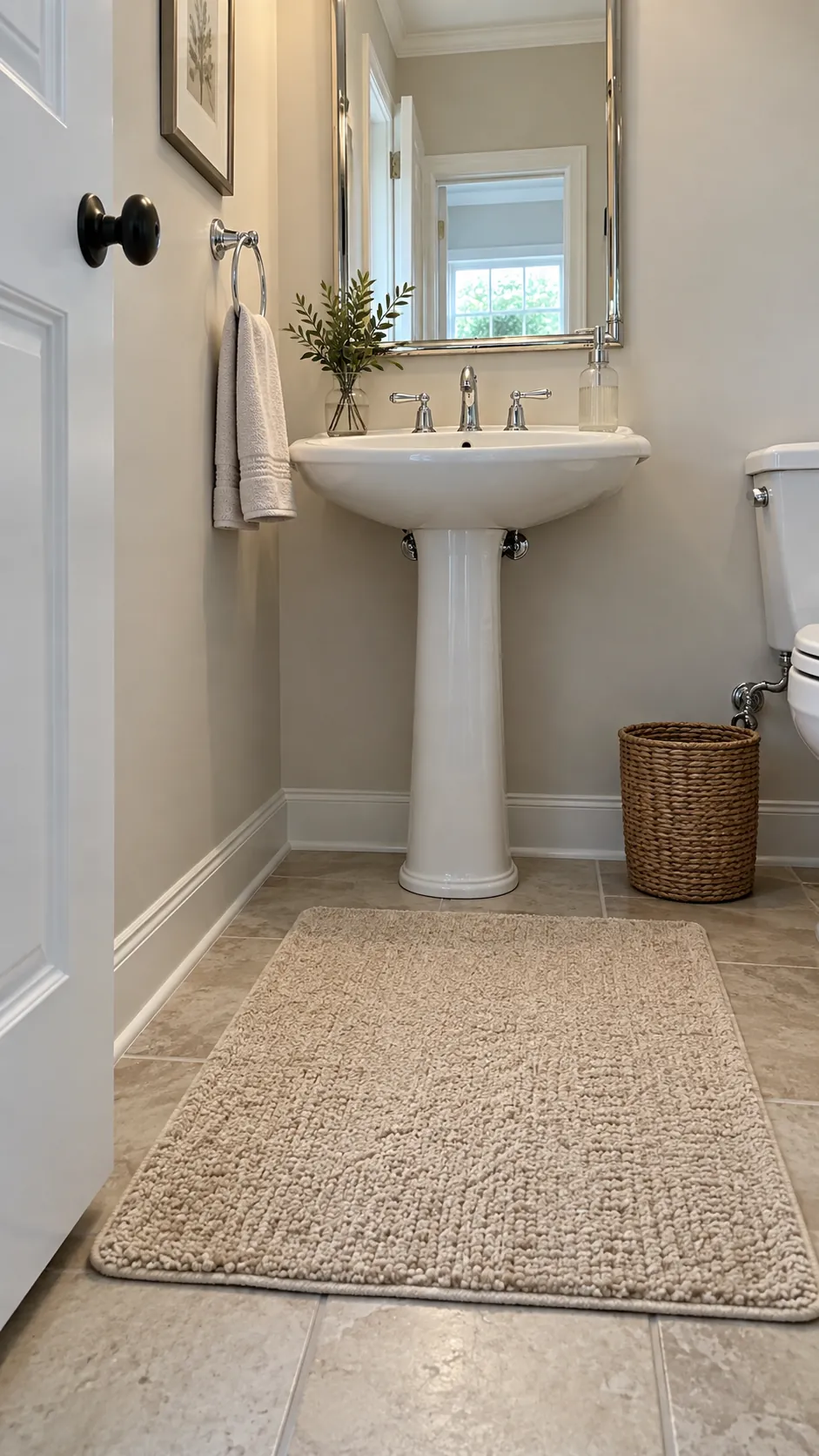 a washable floor mat coordinating with chrome fixtures in a powder room
