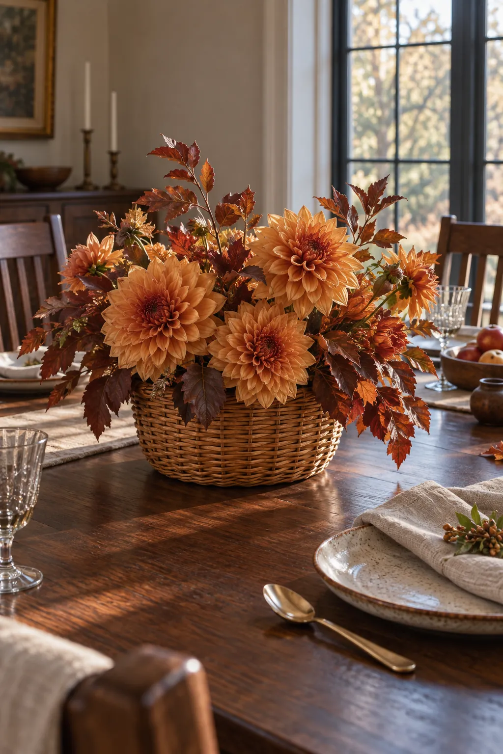 Amber Dahlias with Copper Foliage arranged in a basket for a Thanksgiving table