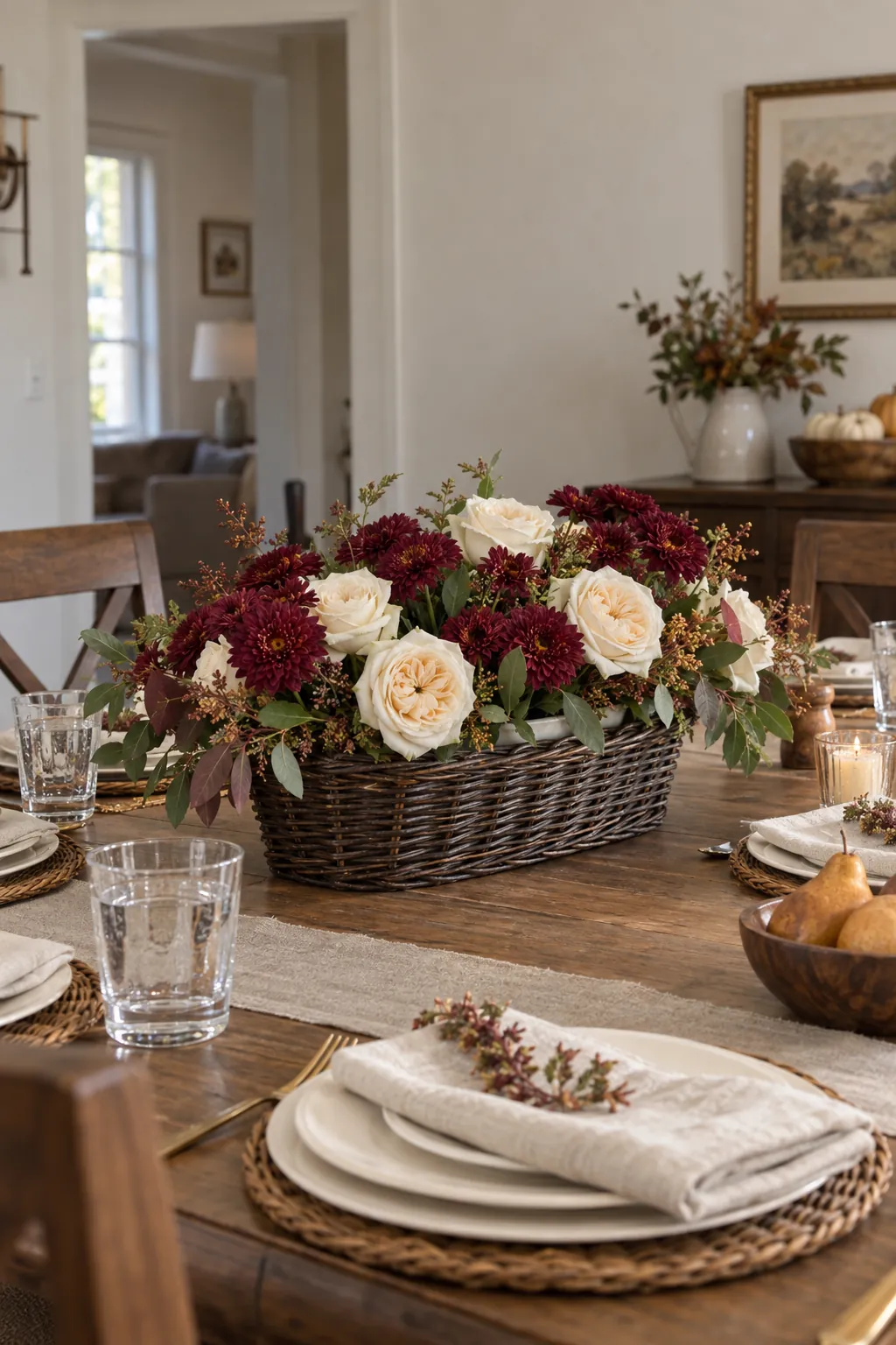 Ivory Roses and Burgundy Mums in a Low Willow Basket arranged in a basket for a Thanksgiving table