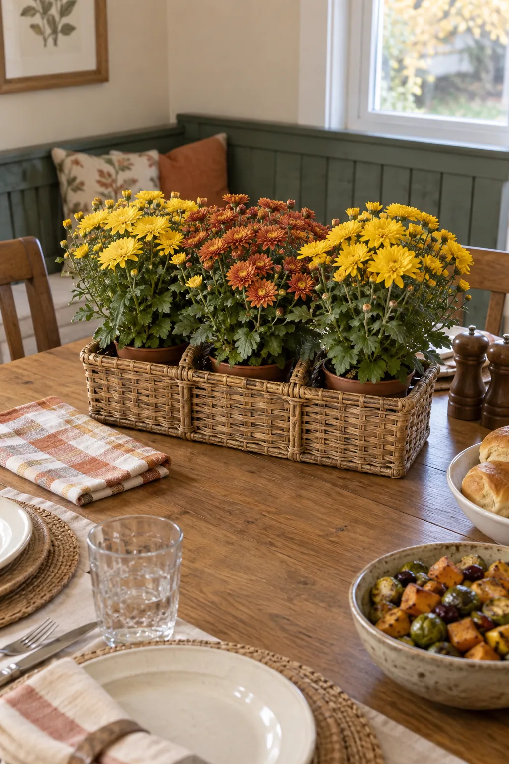Potted Mini Mums in a Divided Basket arranged in a basket for a Thanksgiving table