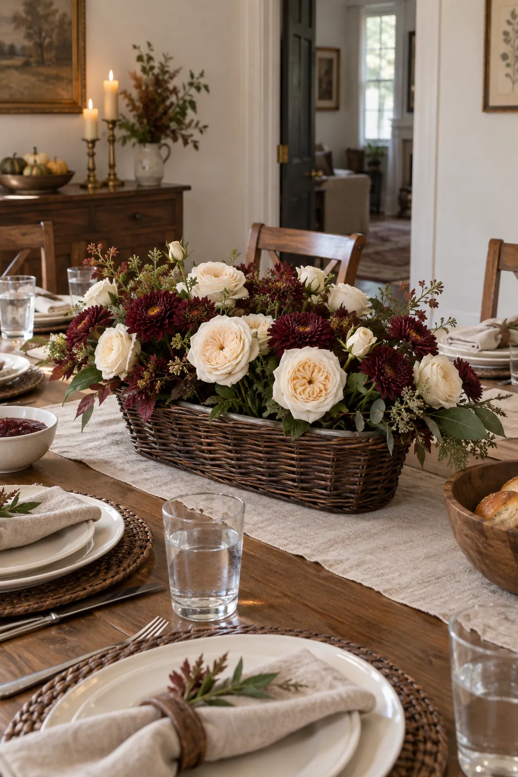 Low Thanksgiving flower basket with ivory roses and burgundy mums on a dining table