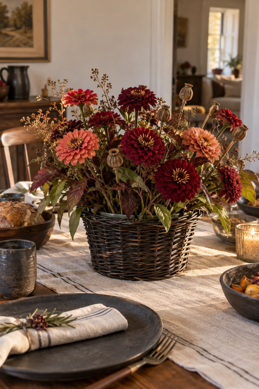 Jewel Tone Zinnias and Seedpods arranged in a basket for a Thanksgiving table