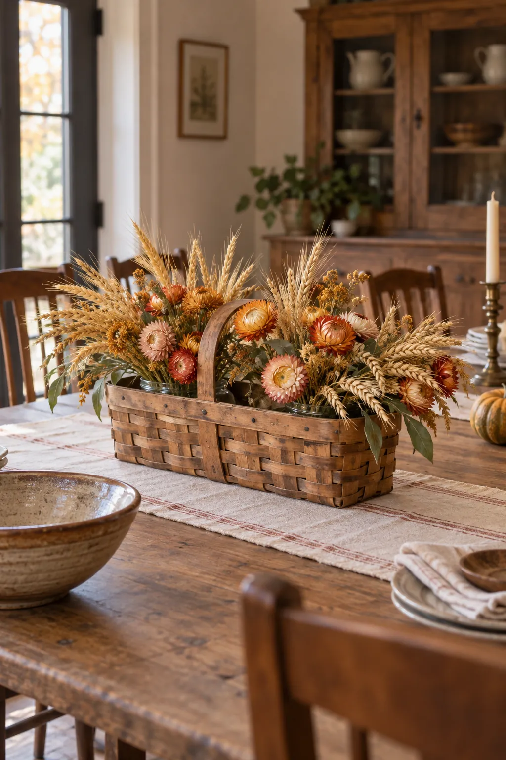 Strawflowers and Wheat in a Market Basket arranged in a basket for a Thanksgiving table
