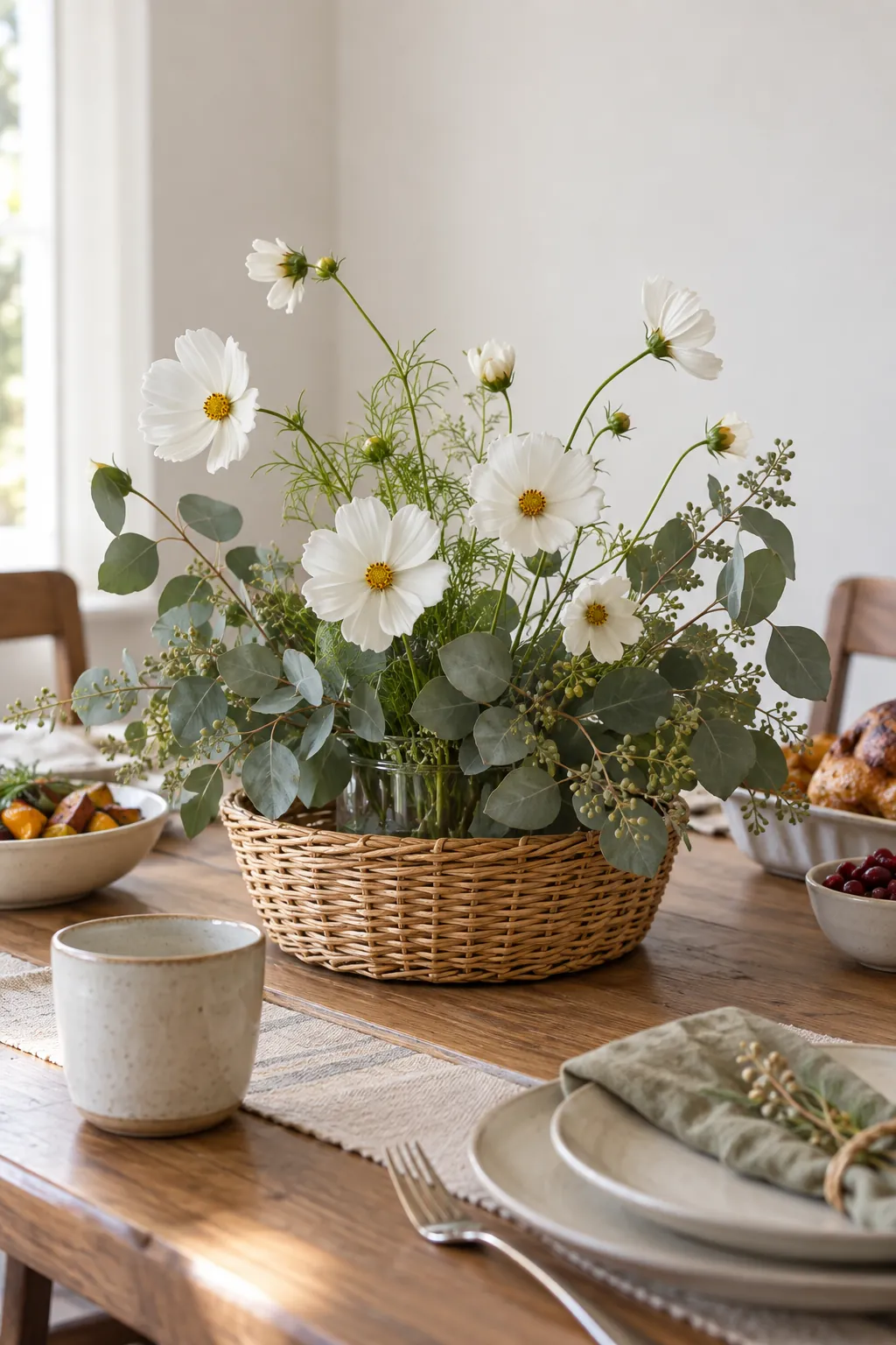 White Cosmos with Eucalyptus in Rattan arranged in a basket for a Thanksgiving table