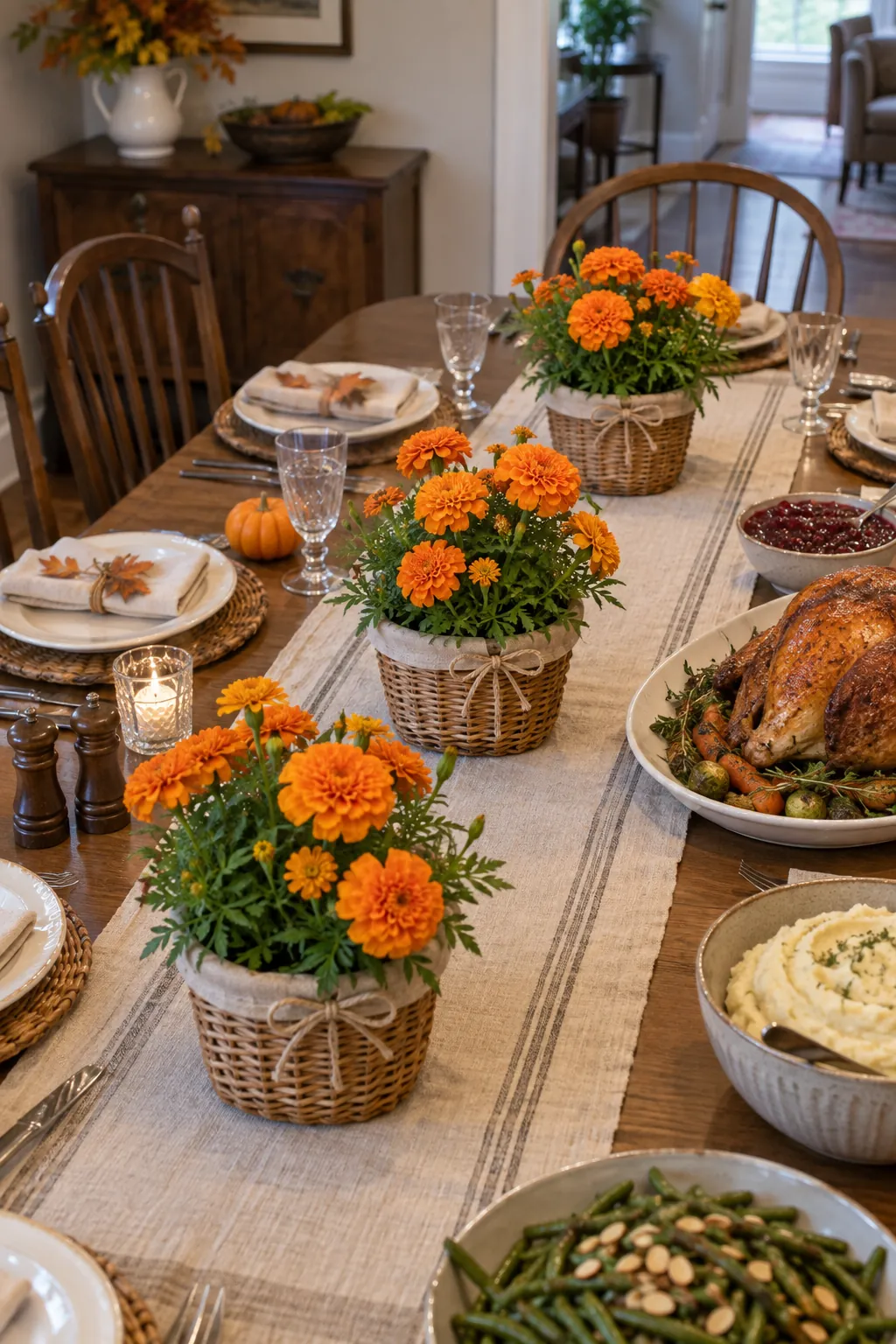 Small Marigold Baskets Along a Long Table arranged in a basket for a Thanksgiving table