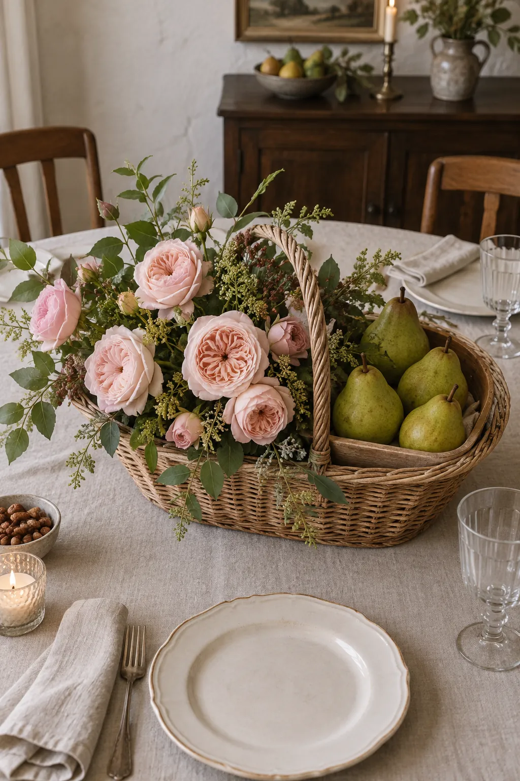 Garden Roses and Pears in an Asymmetric Basket arranged in a basket for a Thanksgiving table
