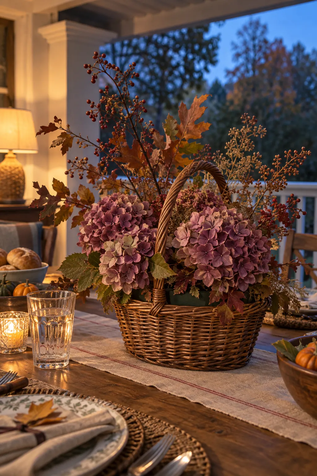 Hydrangeas and Autumn Branches in a Handled Basket arranged in a basket for a Thanksgiving table