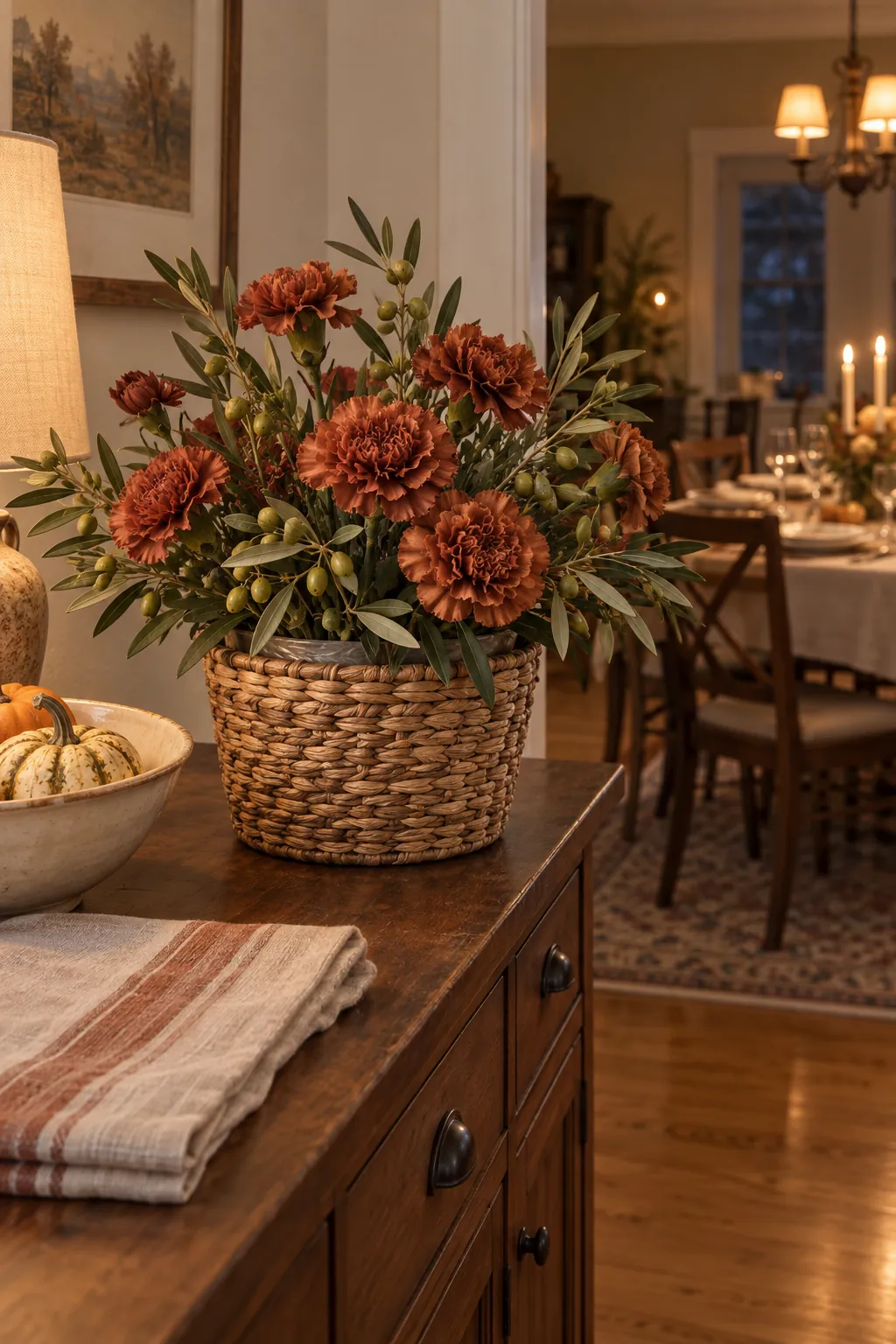 Carnations and Olive Sprigs for a Sideboard arranged in a basket for a Thanksgiving table