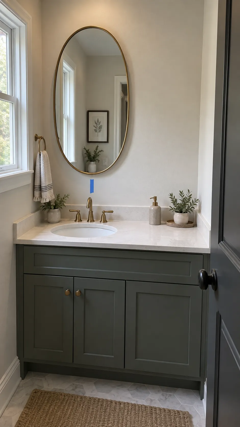 start with the person at the basin in a powder room with an offset sink