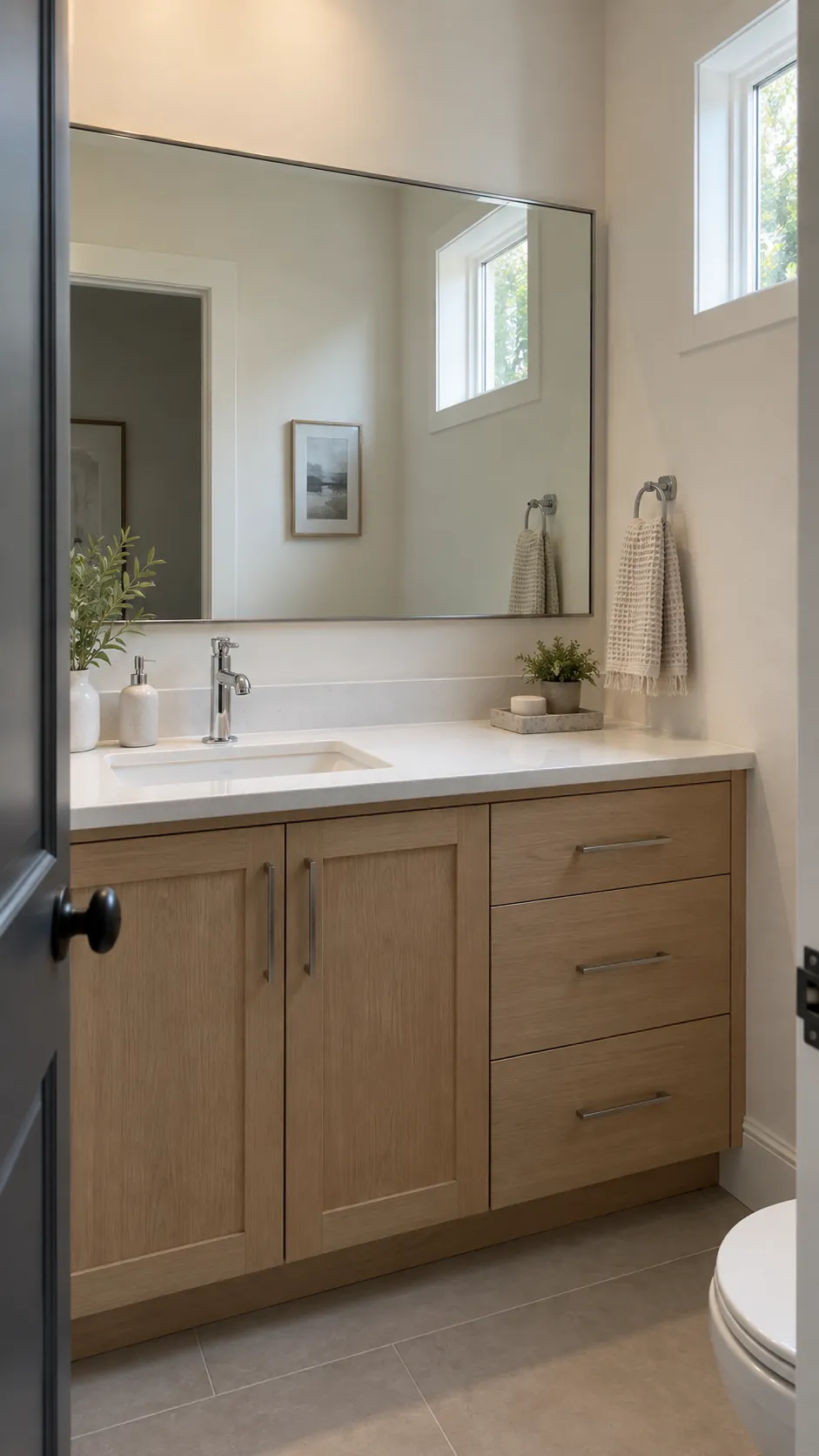 Wide mirror above a powder room vanity with an off center sink