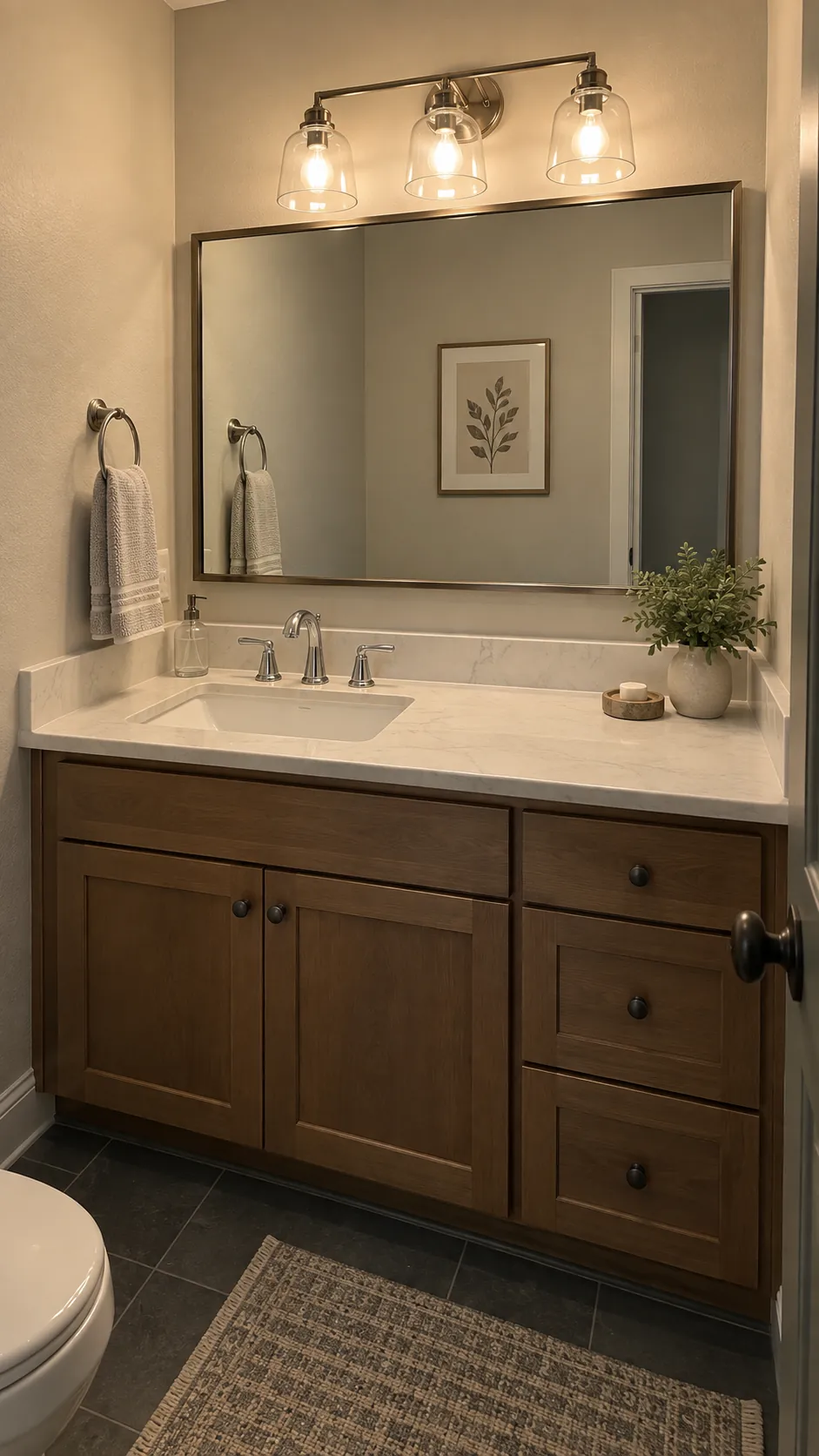make the lighting and mirror act together in a powder room with an offset sink